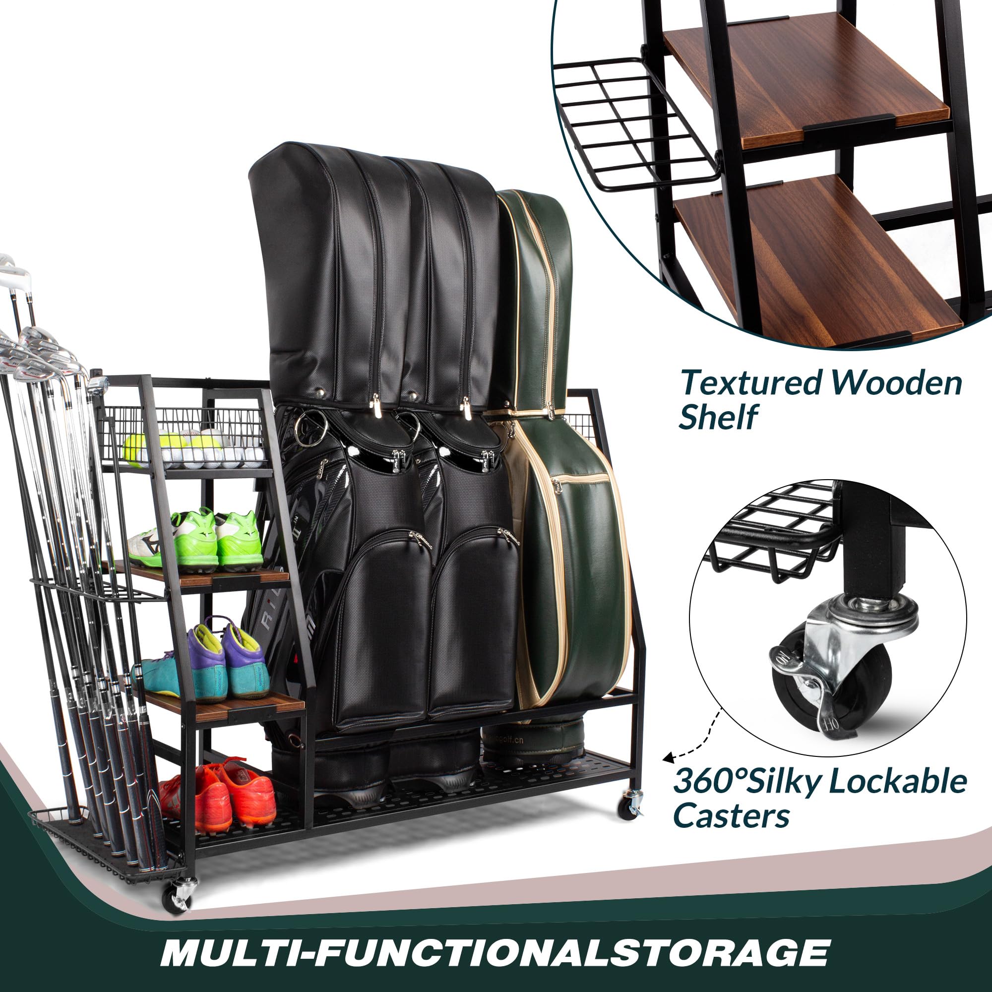 Sttoraboks 2/3 Golf Bag Storage Organizer - Heavy Duty Golf Bag Rack with Wooden Shelf & Lockable Wheels - Holds Golf Bags & Equipment Accessories - Perfect for Garage, Indoor, Basement & Golf Club Storage
