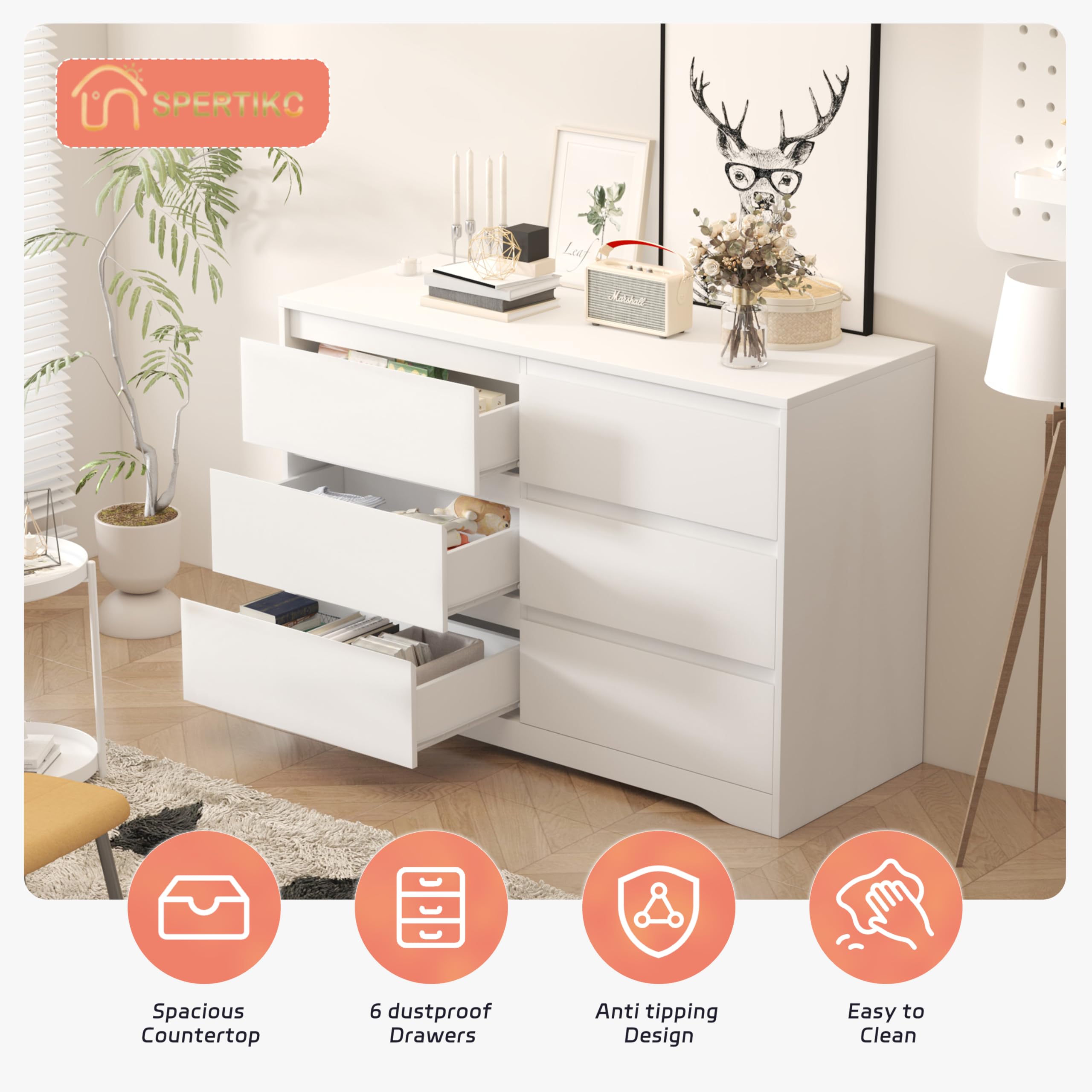 Modern 6-Drawer Dresser for Bedroom & Living Room - White Wooden Storage Chest with Deep Drawers - Perfect for Bedroom Organization, Entryway Storage & Hallway Decor