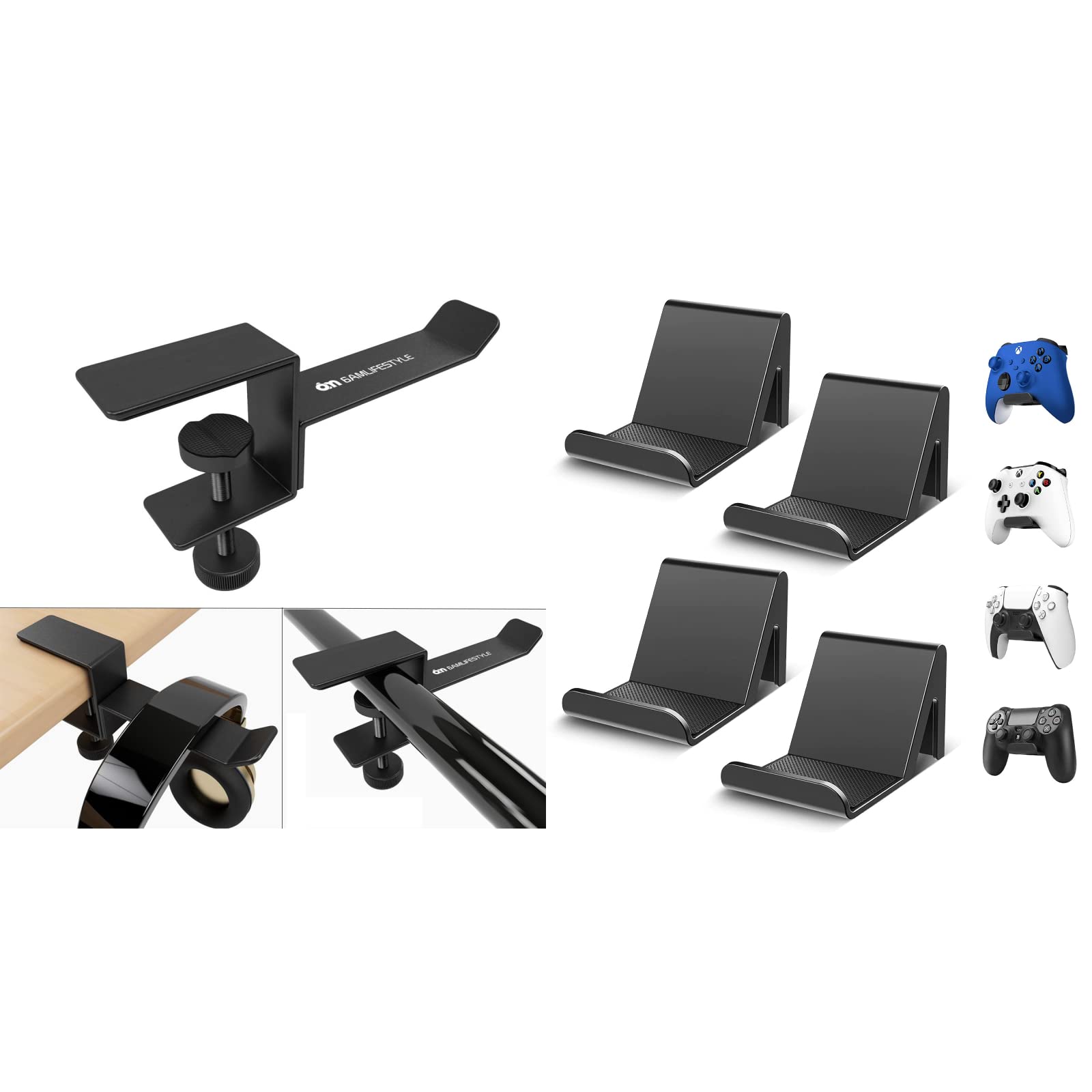 6 Pack Controller Holder Stand with Anti-Slip Pads for PS5, PS4, Xbox One & Switch Pro - Adjustable Headphone Hanger & Gaming Accessory Organizer - Perfect for Gaming Setup, Bedside or Office Desk