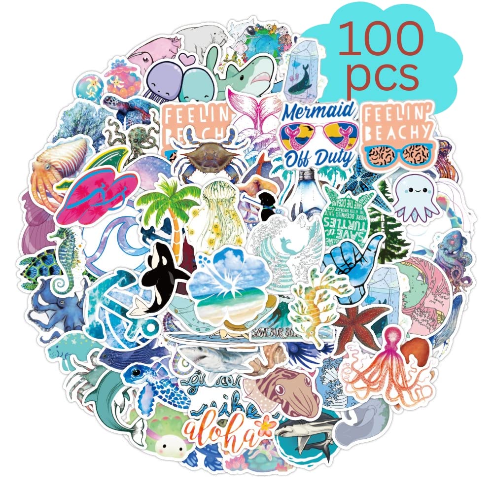 100-Piece Ocean Animal Stickers for Kids & Adults - Waterproof Vinyl Decals for Water Bottles, Laptops, Luggage & Phones - Tropical Beach, Sea Creatures & Cute Aesthetic Sticker Pack - Perfect for Summer, Travel, School & DIY Projects