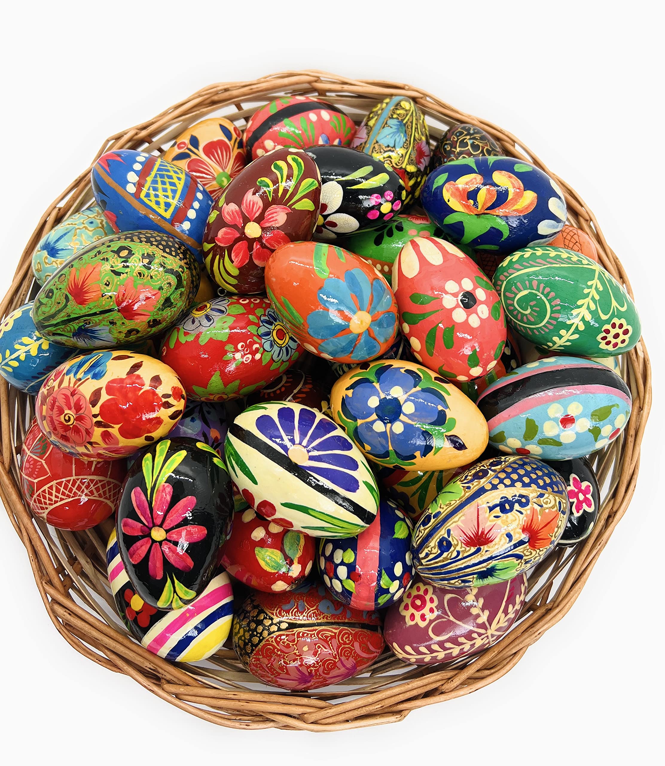 Hand Painted Wooden Easter Eggs - Set of 12 Floral Decorated 2.5 Inch Pisanki Style Eggs - Eco Friendly Lightweight Wood Eggs for Easter Basket, Home Decor, Spring Centerpiece and Holiday Gift Giving