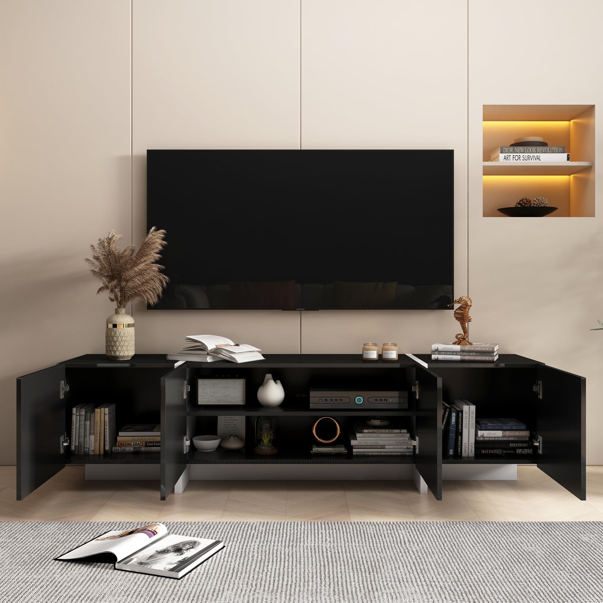 Modern TV Stand for 65 70 75 Inch TVs - Black Entertainment Center with Storage & Adjustable Hinge, Living Room TV Console Table - Perfect for Home Theater Setup & Family Entertainment Spaces
