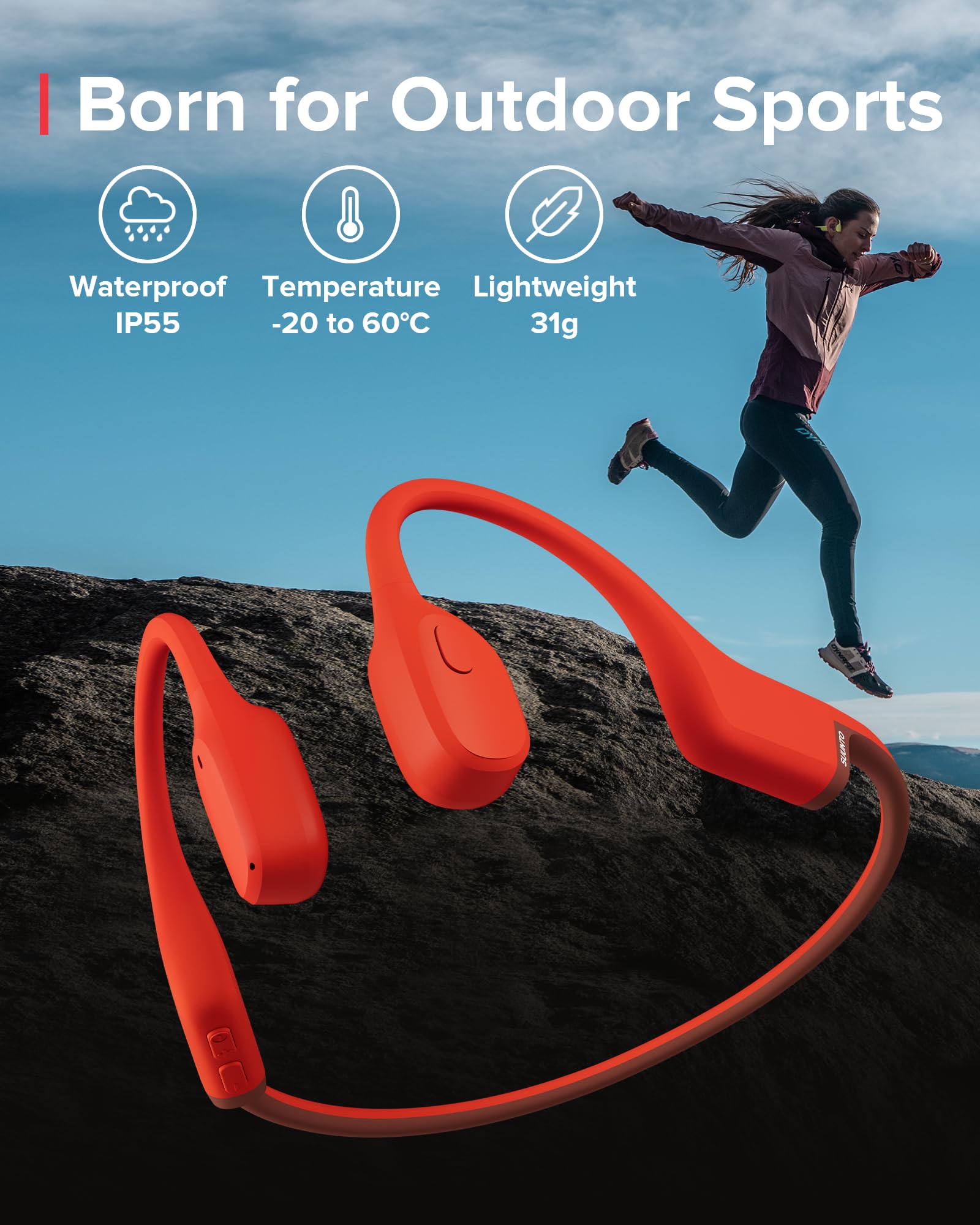 SUUNTO Sonic Open-Ear Bone Conduction Sports Headphones - Bluetooth Wireless Headset with Enhanced Bass, Multipoint Connection, 10H Playtime & Fast Charging - Built-in Dual Mics, IP67 Waterproof, Lightweight Design (Red) - Perfect for Running, Cycling & Outdoor Workouts