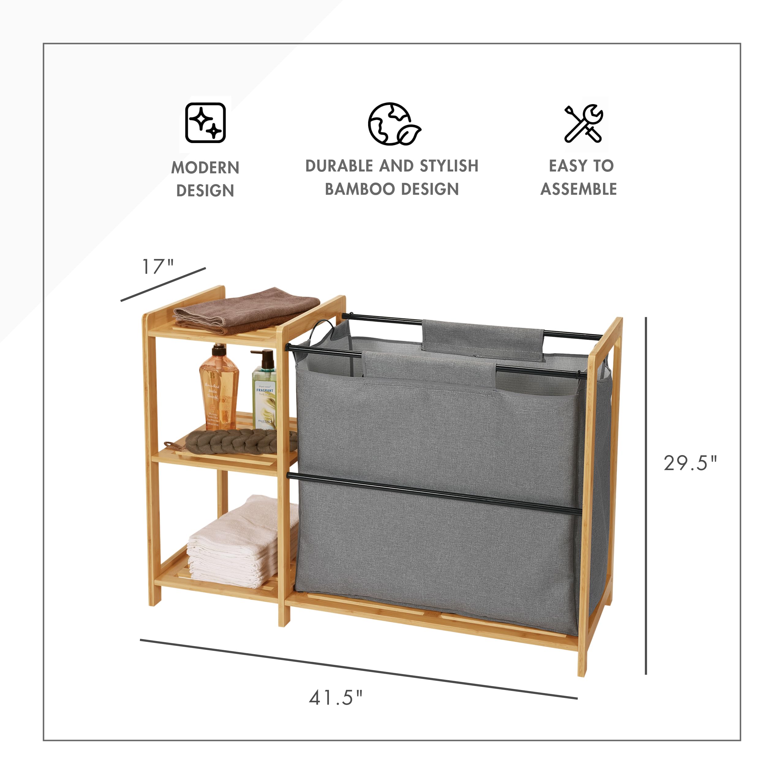 Bamboo Laundry Hamper with Shelves - Freestanding Laundry Basket Organizer with Removable Bags - Natural Wood Storage Cabinet for Bedroom, Bathroom & Laundry Room - Perfect for Clothes Sorting and Home Organization