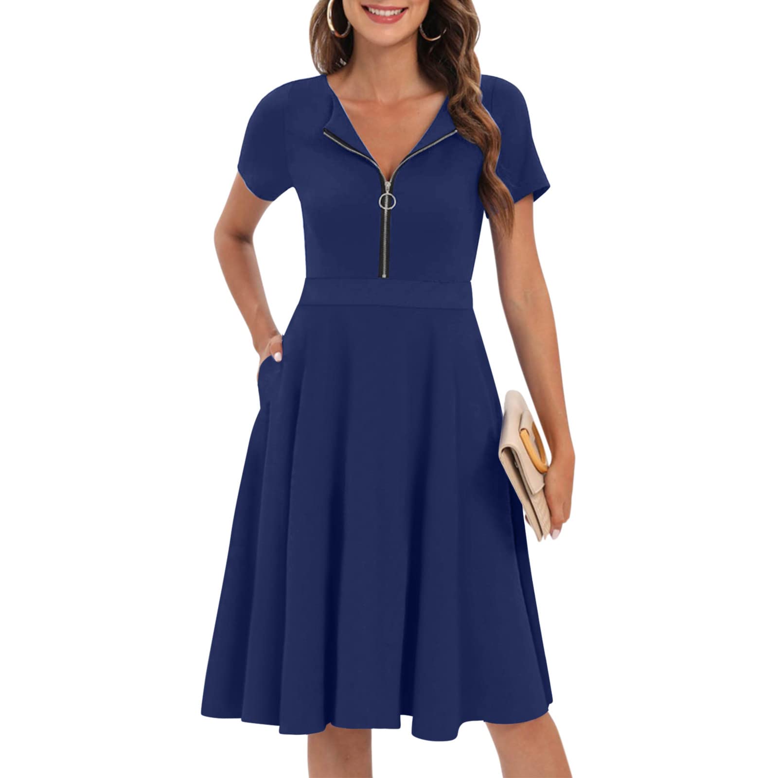 Vintage Elegant Women's Spring & Summer Casual A-Line Midi Wrap Dress with Zipper - Perfect for Office, Party, and Daily Wear