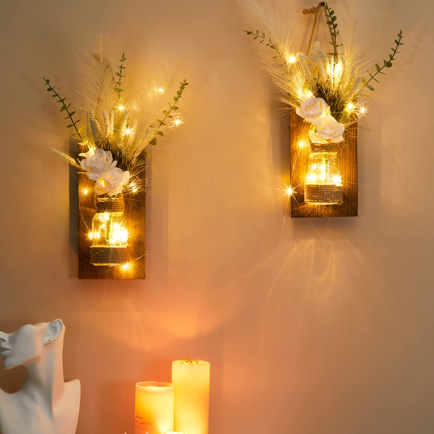 2-Pack Rustic Mason Jar Sconce Wall Decor with Remote Control LED Fairy Lights & Artificial White Roses - Farmhouse Spring Decor for Bedroom, Living Room, Wedding, Party | Home Lighting Decorations