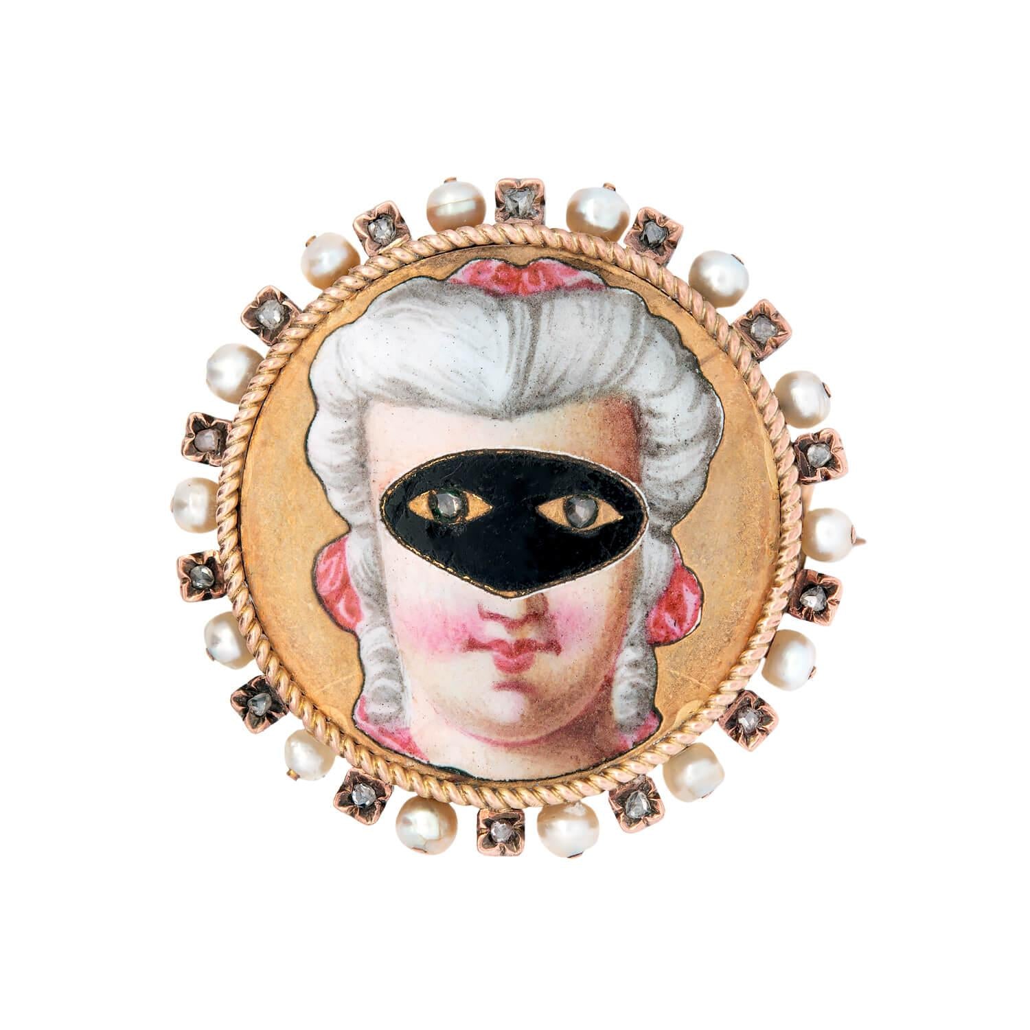 Victorian Style 18K Gold Diamond & Pearl Enamel Masked Woman Brooch Pendant - Elegant Vintage Jewelry for Women, Perfect for Weddings, Parties & Special Occasions