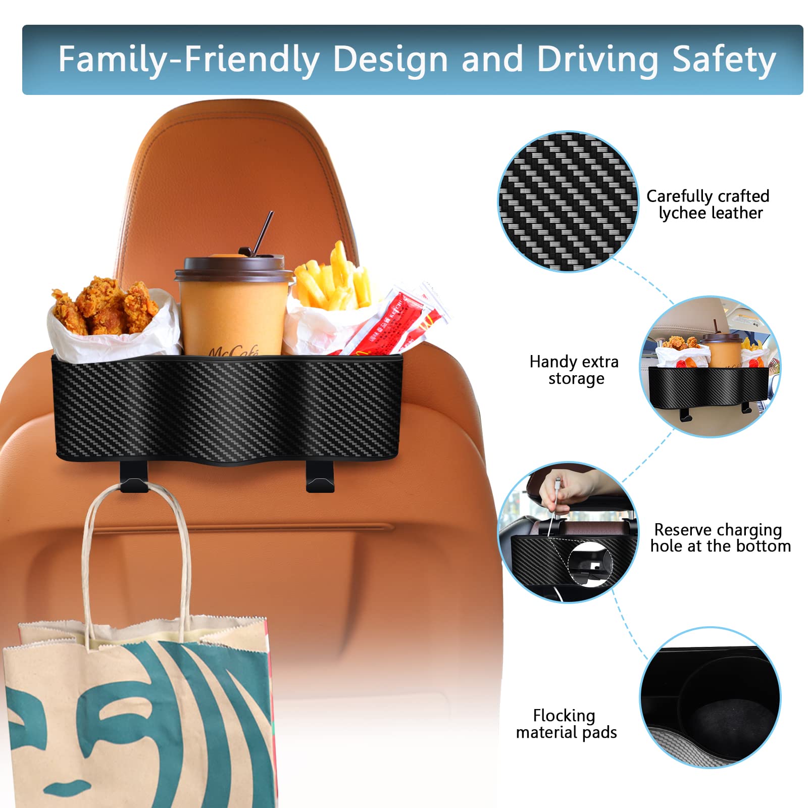 Car Headrest Backseat Organizer with Cup Holders - Multi-Pocket Seat Back Organizer for Kids & Travel Accessories - Perfect for Eating, Snacks & Drinks on Road Trips