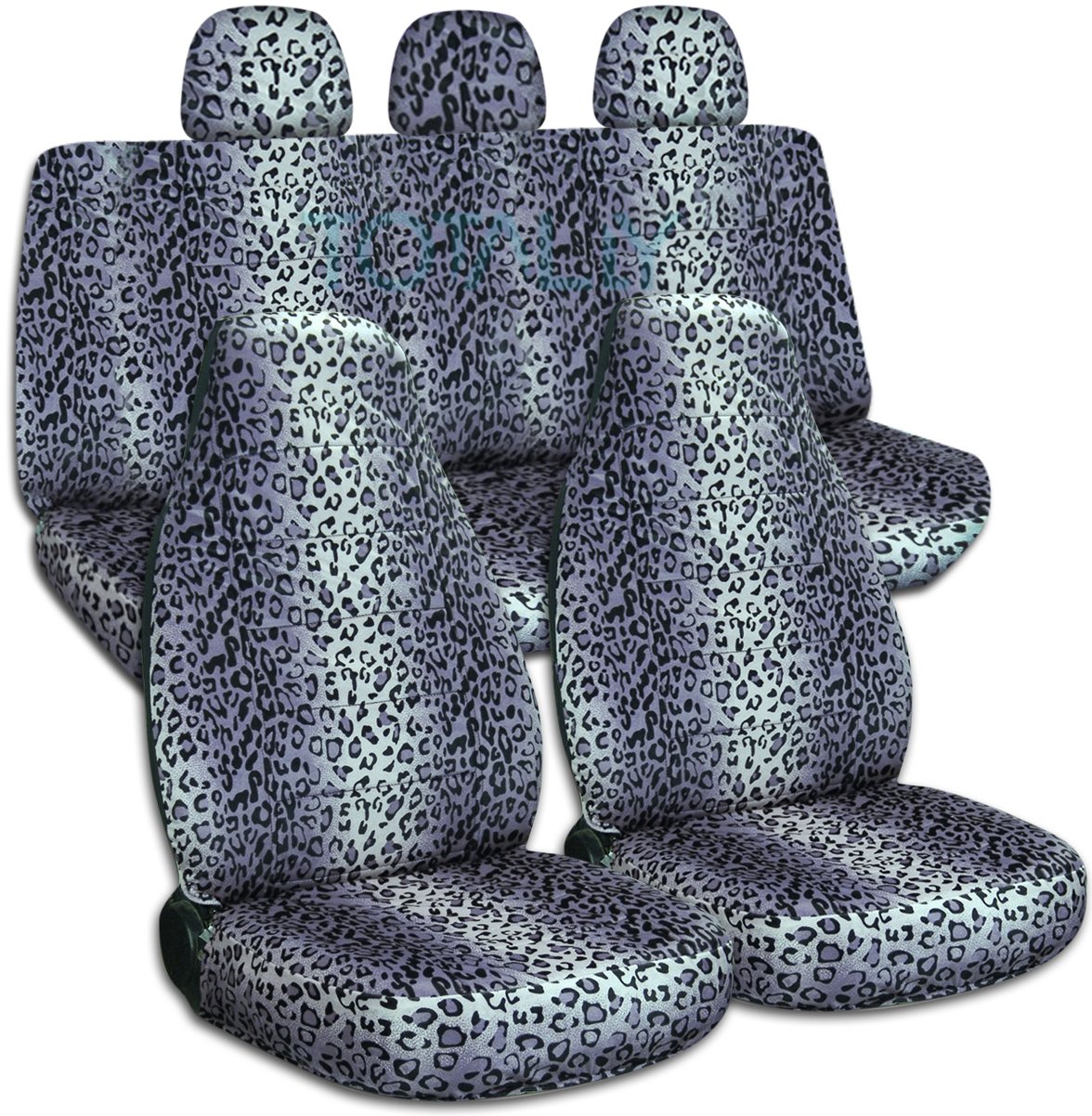 Gray Leopard Print Car Seat Covers Full Set with 3 Rear Headrest Covers - Universal Fit for Cars, Trucks, Vans, SUVs & RVs - 30 Animal Print Options | Protect & Style Your Vehicle Interior for Daily Commute, Road Trips & Family Adventures