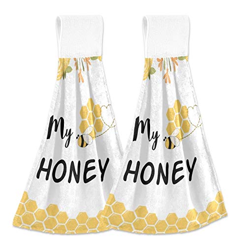 Honey Bee Kitchen Hanging Hand Towels - 2 Pack Absorbent Cotton Loop Towels for Bathroom, Kitchen & Home Decor | Sweet Bee Design, Soft & Durable for Daily Use, Gifts