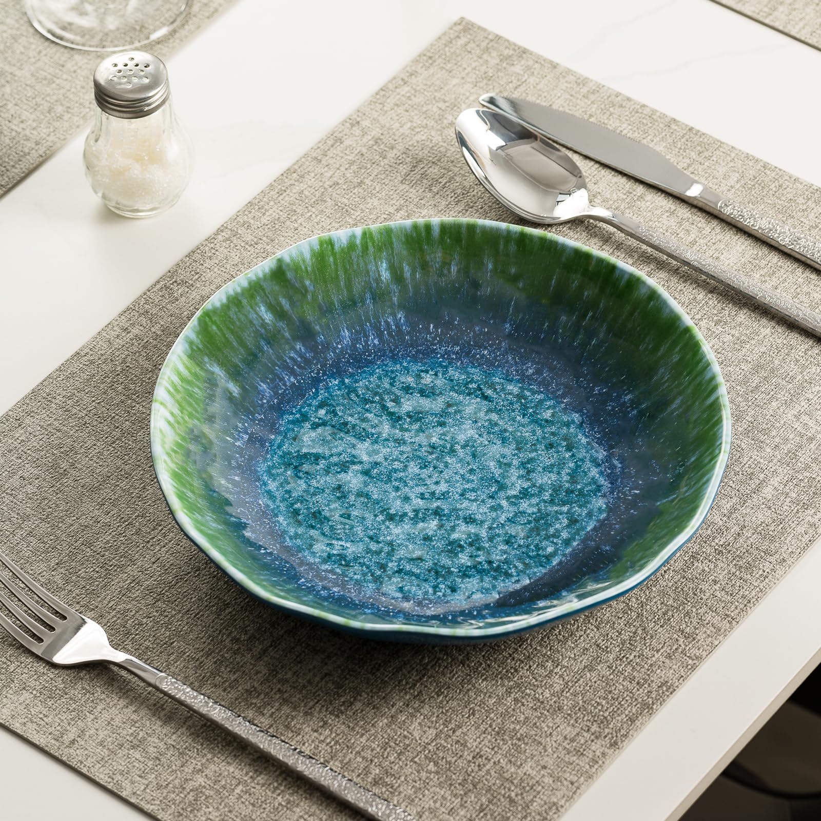 **Durable Melamine Pasta Bowls Set of 6 – 9 Inch Large Salad & Soup Bowls, Wide Shallow Turquoise Teal Round Dinnerware – Dishwasher Safe (Not Microwave or Oven Safe) – Perfect for Parties, Picnics & Outdoor Dining**