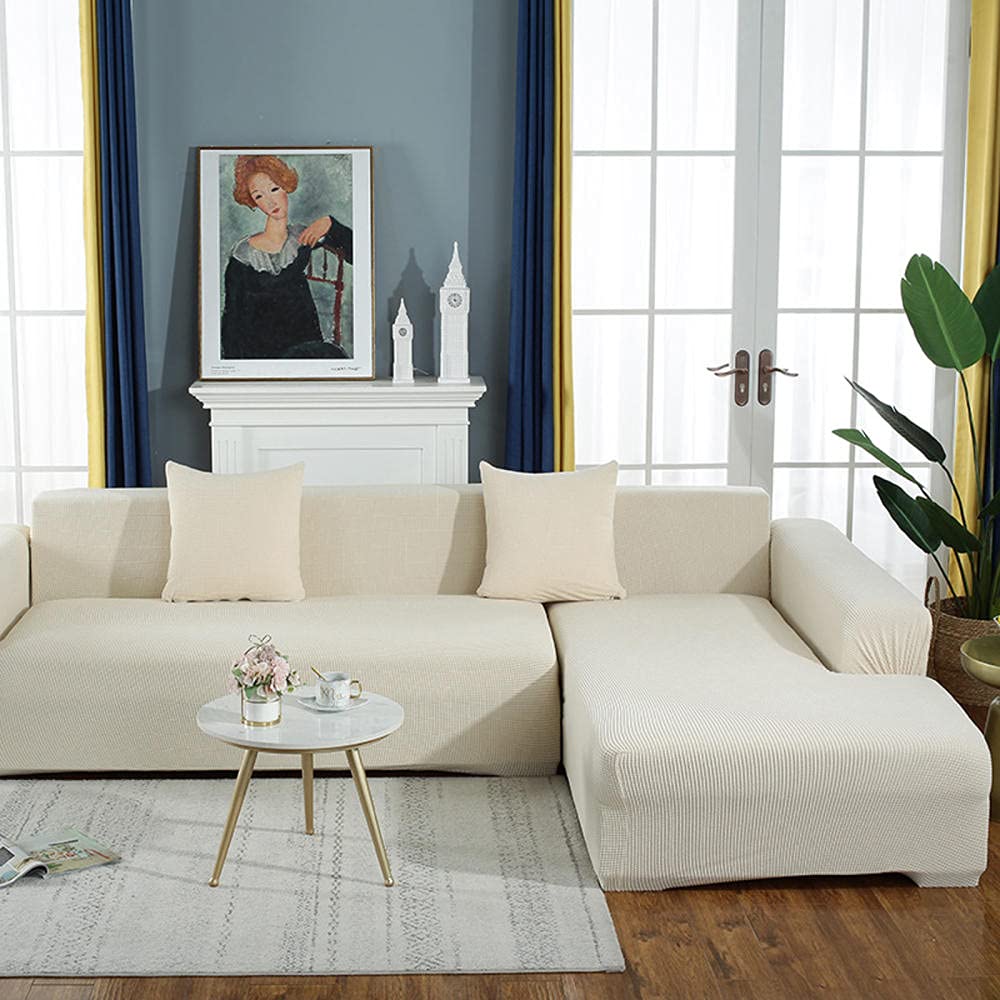 Stretch Jacquard L-Shaped Sofa Slipcover - Non-Slip Sectional Couch Cover Protector for 5-Seater (305-360cm/120-141inch) - Perfect for Living Room, Family Room & Home Theater - White