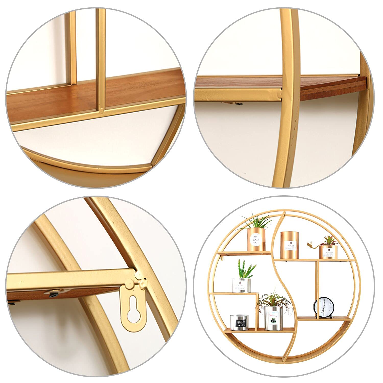 24 Inch Round Wall Shelf - Gold Metal & Wood Circular Floating Shelves for Fireplace, Living Room, Bathroom Decor | Wall Mounted Display Organizer for Home & Office Use