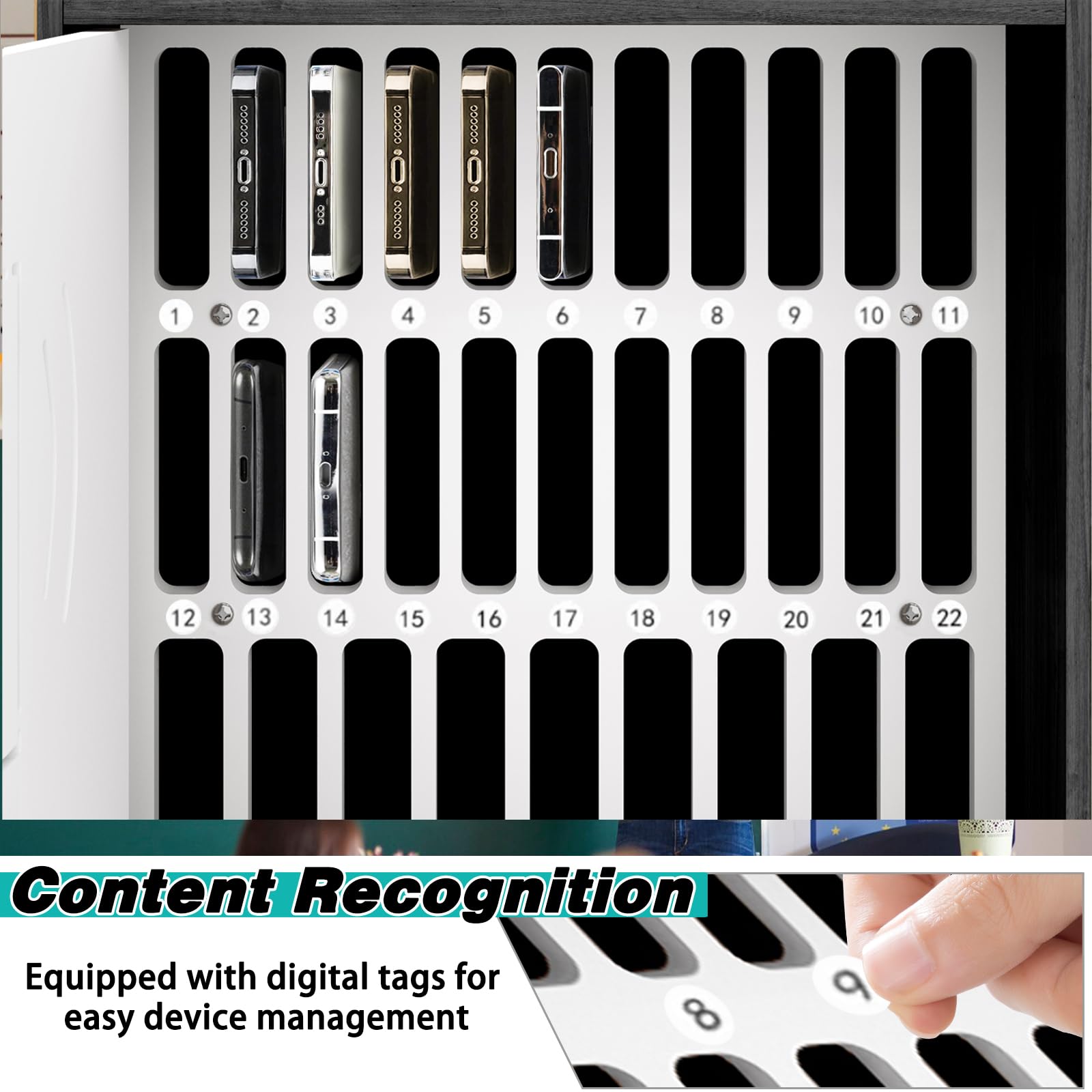 HZE 31-Slot Wooden Cell Phone Holder with Handle & Security Lock - Desktop Phone Storage Cabinet for Classroom, Office, Home - Organize Phones in Meetings, Lectures & Workspaces (Black)