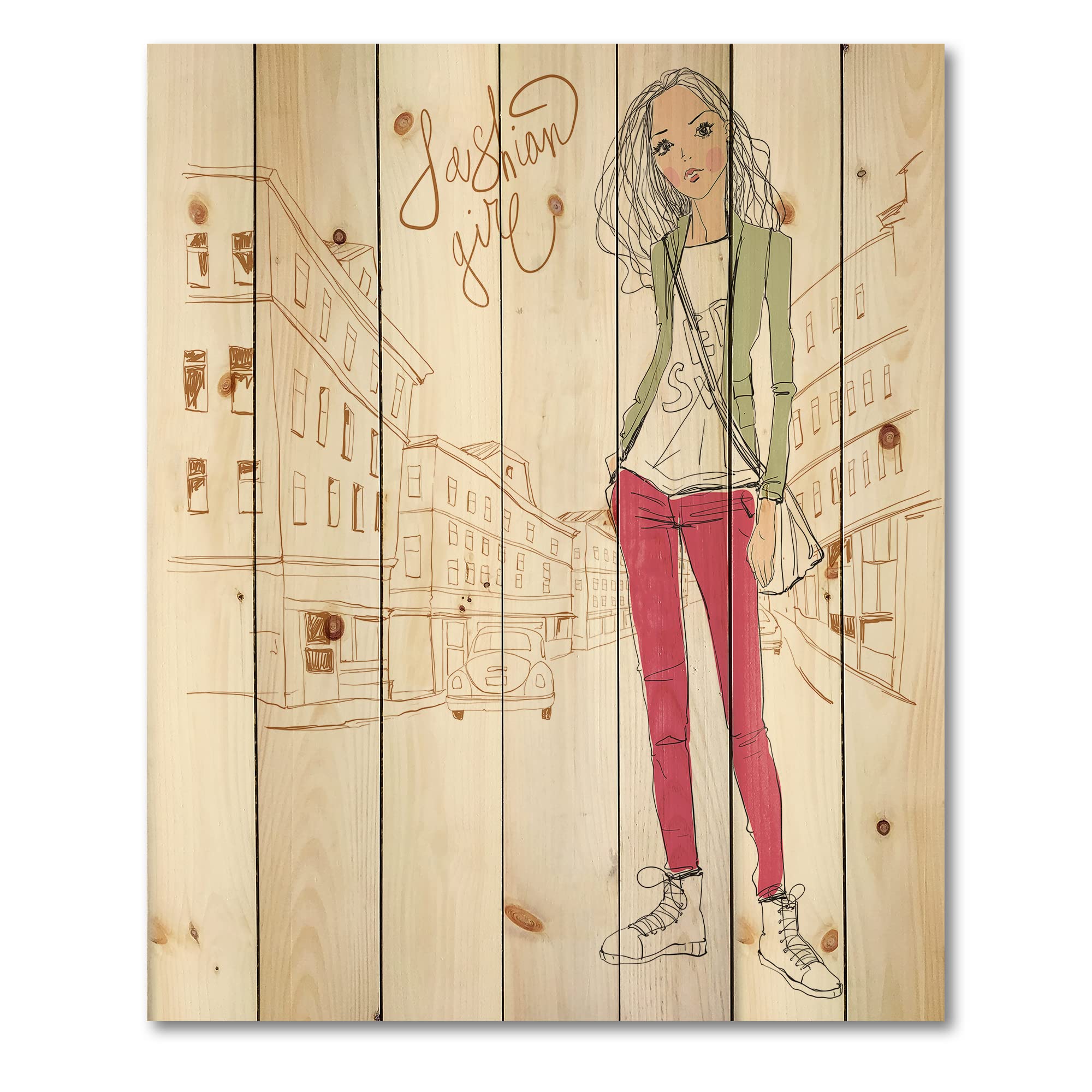 DesignQ Trendy Fashion Girl II Children's Wood Wall Art Decor - Pink Large Wooden Wall Panel with Printed Art on Natural Pine - Perfect for Kids' Room, Nursery, Playroom & Classroom Decor
