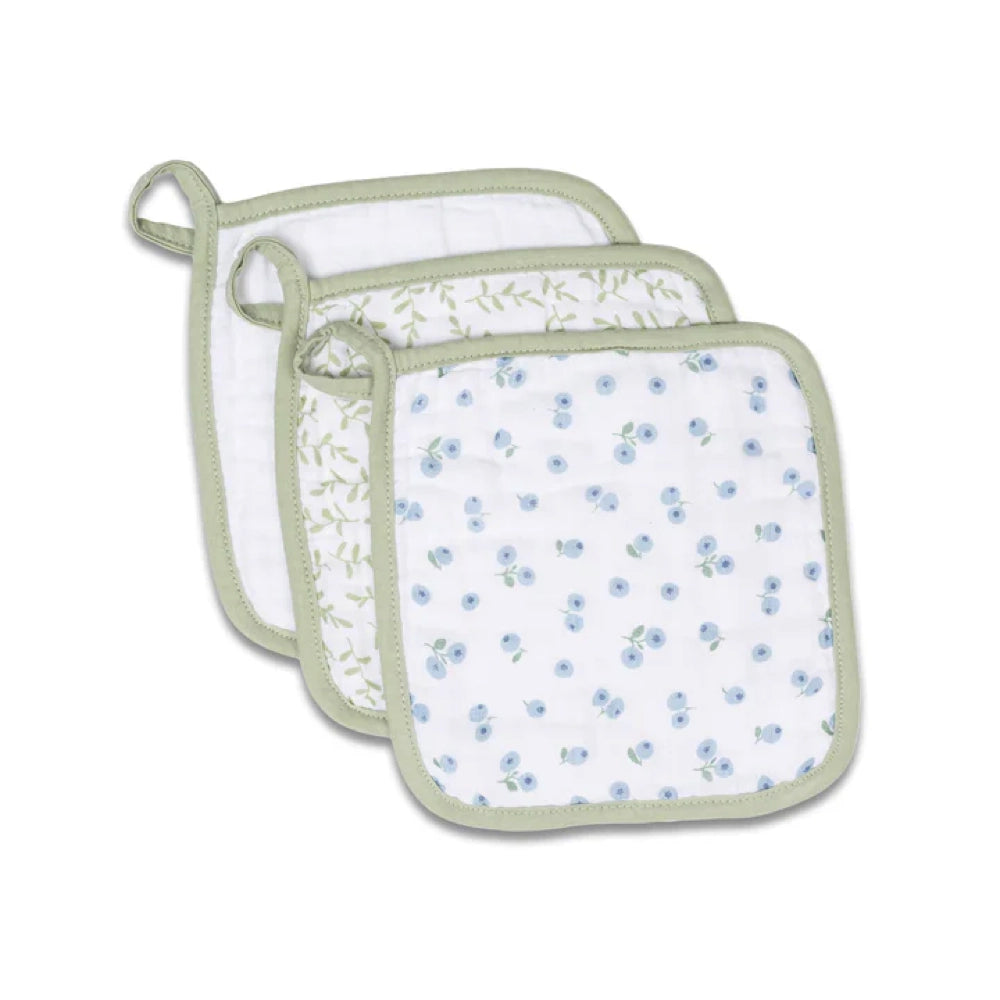 Lulujo 3-Pack Organic Muslin Baby Washcloths - Soft, Absorbent & Hypoallergenic (Green, White, Blueberry) | Perfect for Newborn Bath Time, Face Cleaning & Gentle Skin Care