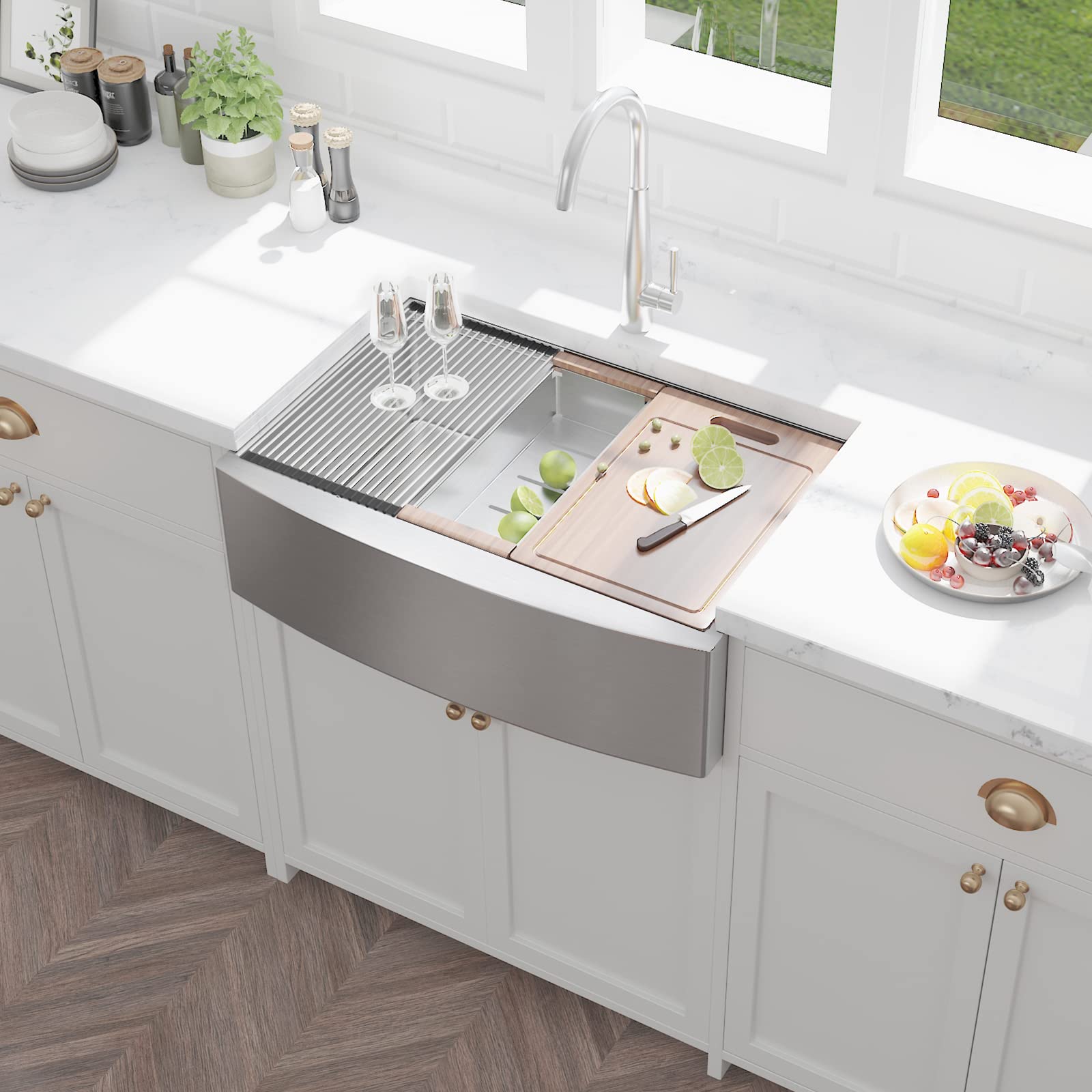 Hausinluck 30 Inch Stainless Steel Farmhouse Kitchen Sink - Handmade Modern Apron-Front Single Bowl with Integrated Ledge & Accessories (5-Pack) - Perfect for Rustic Kitchens, Farmhouse Renovations & Modern Home Upgrades