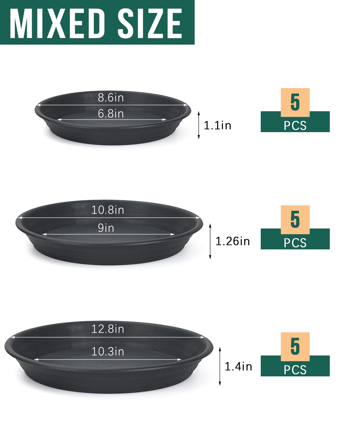 Lzerking Plant Saucer 15-Pack - 8, 10 & 12 Inch Ash Black Plastic Plant Trays for Indoor Pots | Water Catcher for Potted Plants | Perfect for Home Decor, Gardening & Plant Drainage