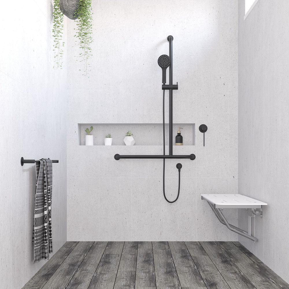 Fienza 444113BRH Right Hand Inverted T-Rail Shower System in Matte Black - Modern Bathroom Fixture for Luxurious Spa Experience