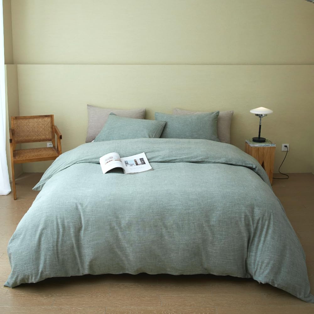 Stonewashed Cotton Linen Duvet Cover Twin Size - 3 Piece Breathable Comforter Cover Set | Soft Skin-Friendly Bedding for Cozy Sleep | Perfect for Guest Rooms, Dorms & Minimalist Bedrooms (Green)