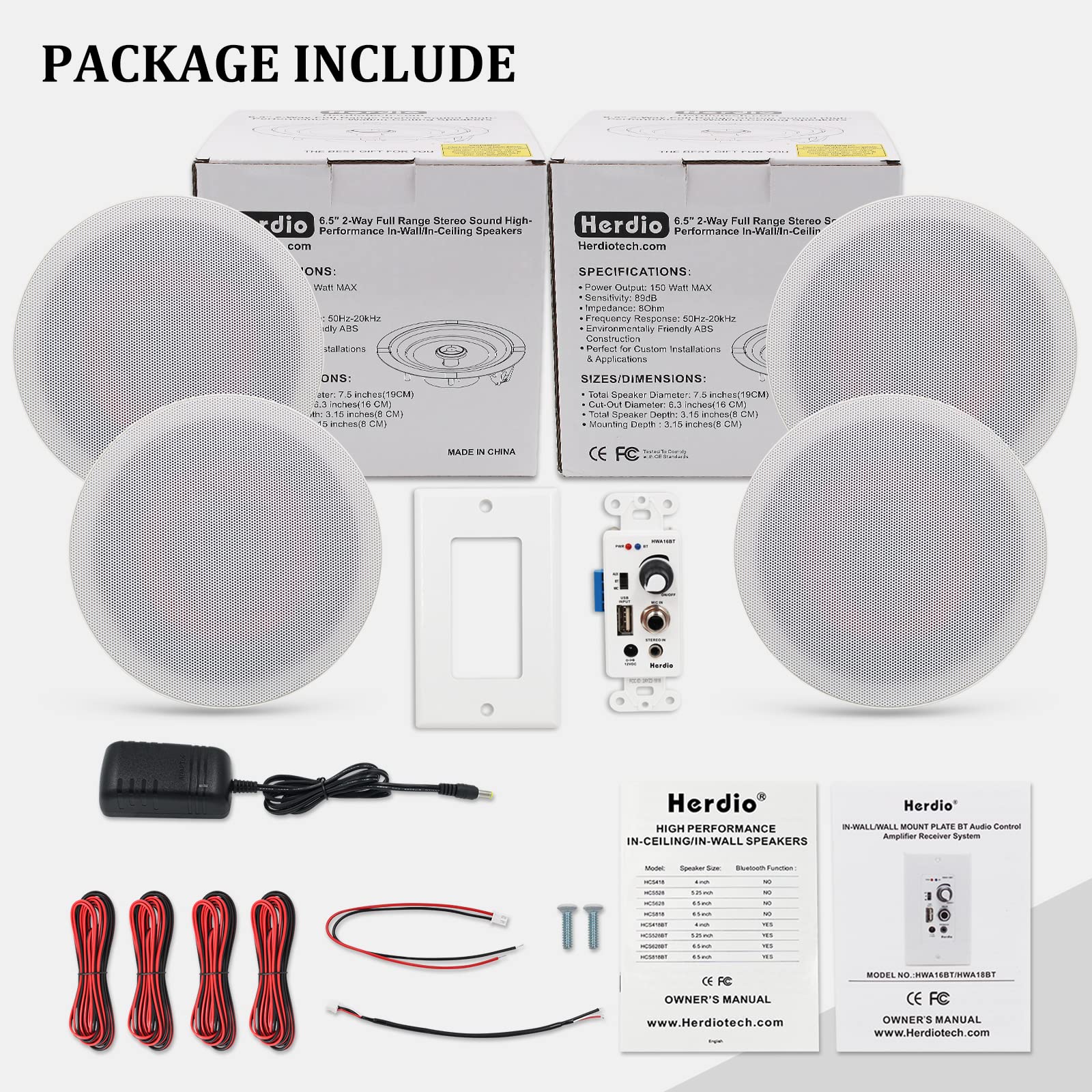 Herdio 6.5'' In-Wall In-Ceiling Bluetooth Speakers 600W 2-Way Flush Mount Speaker System with Amplifier for Home Theater, Office, Bathroom (2 Pairs, Paintable Grille) - Perfect for Multi-Room Audio, Background Music & Home Entertainment Systems