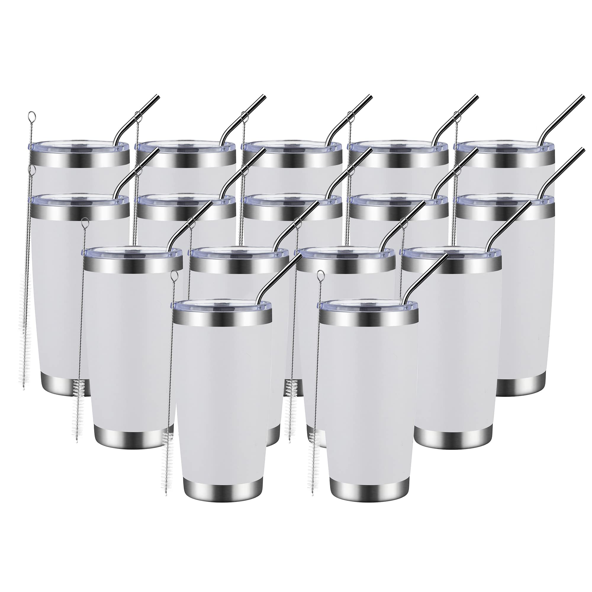 MUCHENGHY 20oz Stainless Steel Tumbler with Lid & Straw - 16 Pack Bulk Insulated Coffee Cups, Double Wall Vacuum Thermal Mug for Hot & Cold Drinks (White) - Perfect for Travel, Office, Camping & Gift Giving