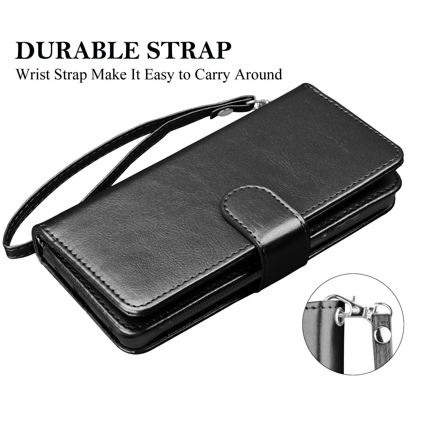 Premium Leather Wallet Case for Samsung Galaxy S21 FE 5G - RFID Blocking Credit Card Holder with 9 Slots, Detachable Magnetic Flip Cover, Built-in Kickstand & Carrying Strap (Black) - Perfect for Travel, Work & Everyday Protection