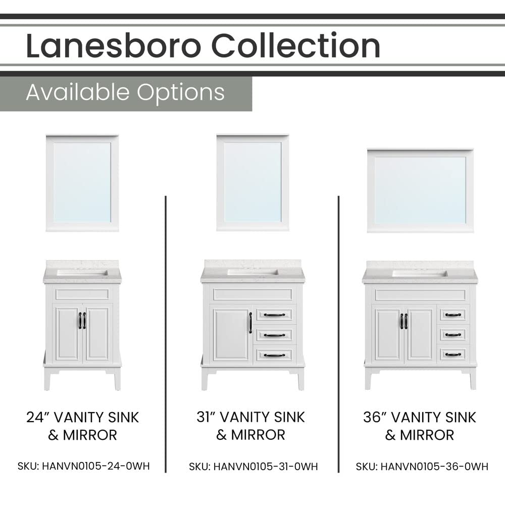 Hanover Lanesboro 24'' White Bathroom Vanity Set with Sink, Mirror & Stone Countertop - Pre-Assembled 2-Door Cabinet for Powder Room or Master Bath | HANVN0105-24-0WH | Perfect for Small Bathrooms & Guest Suites
