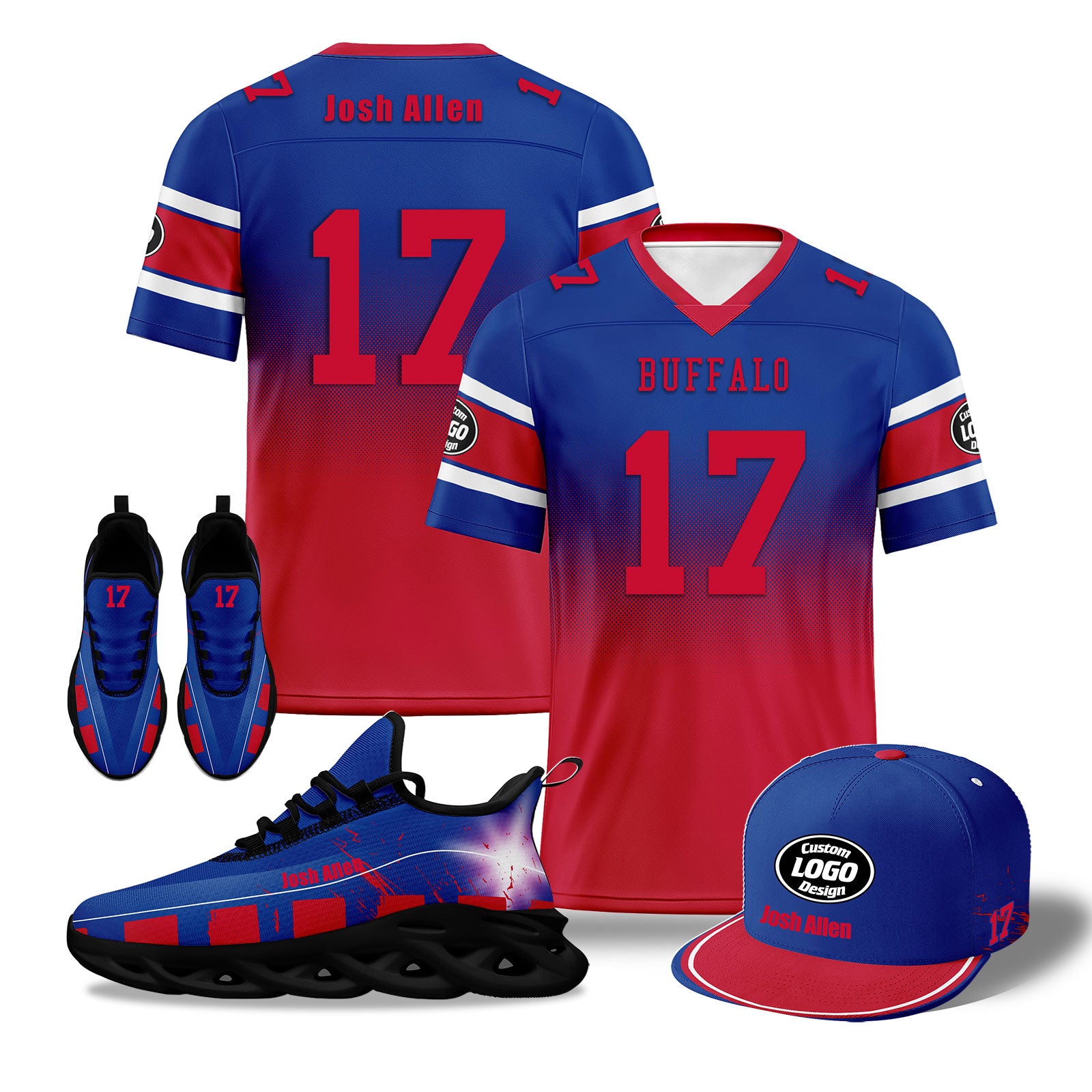 Custom Buffalo Football MaxSoul Shoes & Hat Set - Personalized Blue & Red Sports Combo for Fans | Perfect for Game Day, Tailgating & Team Spirit Outfits
