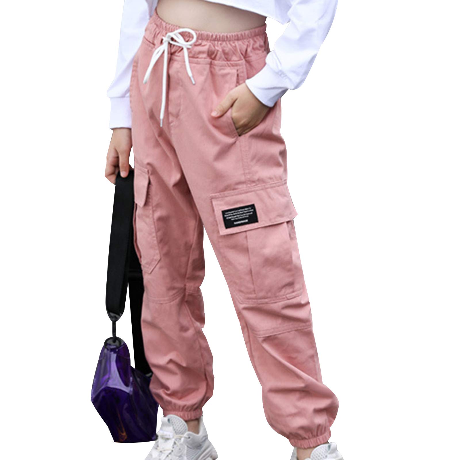 Freebily Girls' Cotton Cargo Jogger Pants - Elastic Waist Drawstring Sweatpants for Kids | Hip Hop Streetwear, Casual Play & School Outfits