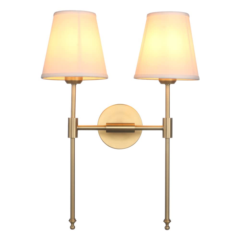 PERMO Classic Rustic Double Sconce Wall Light - 2-Light Antique Brass Fixture with White Flared Fabric Shade - Perfect for Bathroom, Bedroom, Hallway & Living Room Lighting Decor