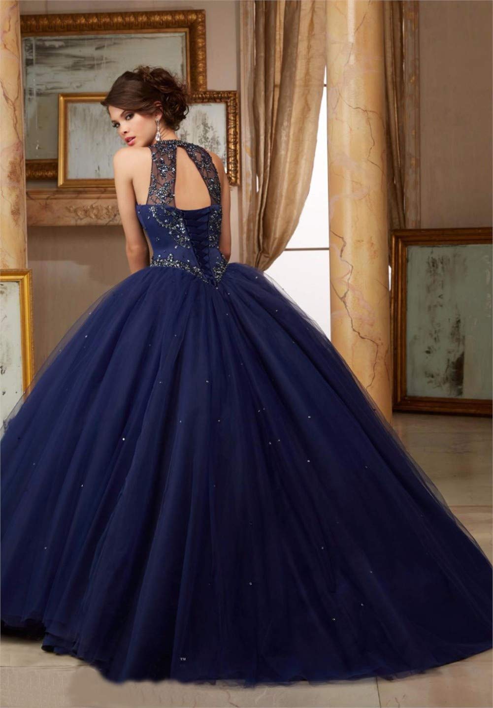 Emanni Women's Navy Blue Sleeveless Ball Gown Quinceanera Dress - Tulle Sweet 16 Formal Dress for Prom, Homecoming, Pageant & Special Occasions