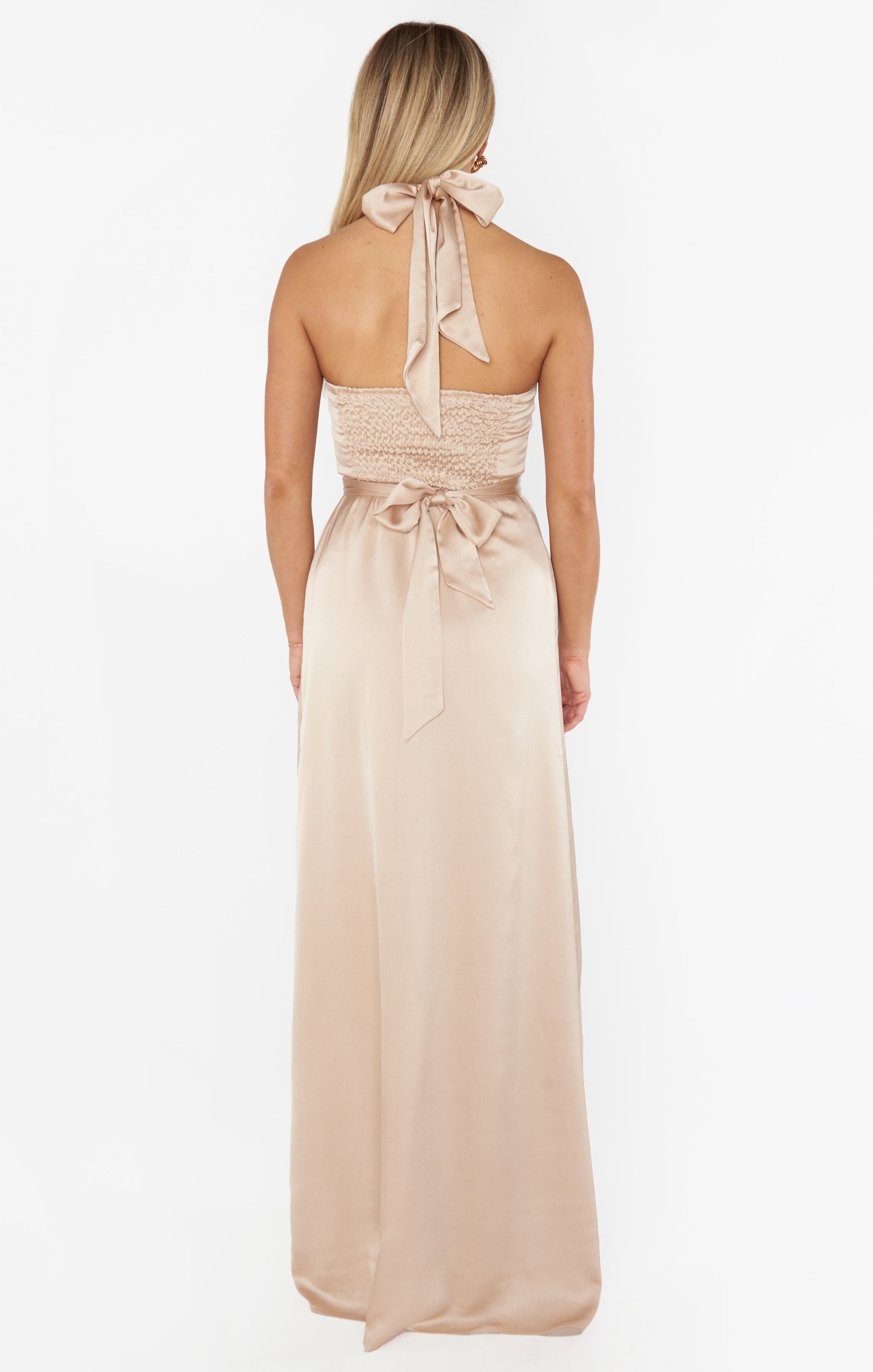 Hazel Halter Maxi Dress - Elegant Champagne Luxe Satin Evening Gown for Women | Perfect for Weddings, Parties & Special Occasions