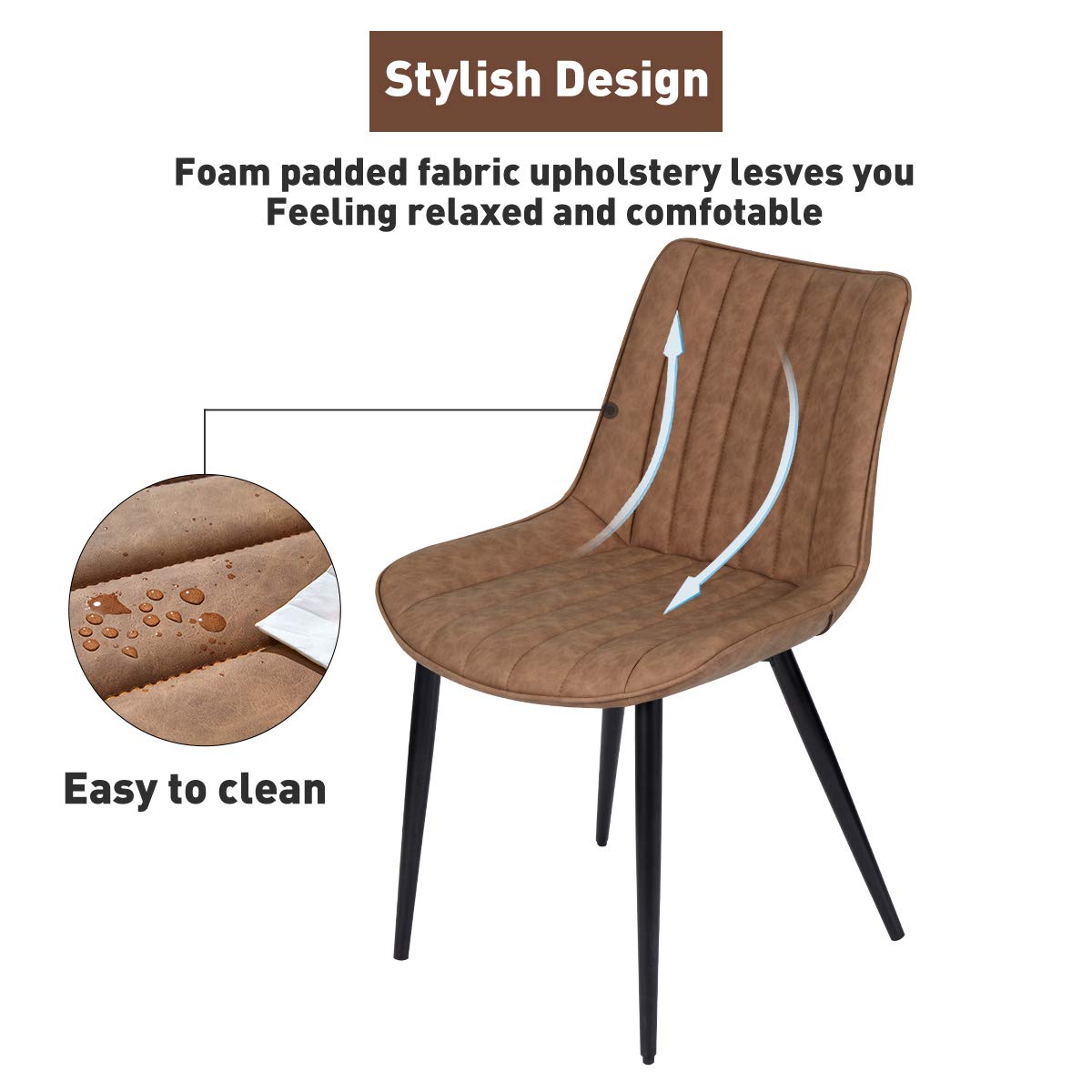 4 PCS Mid Century Modern Faux Leather Dining Chairs - Brown Upholstered Kitchen Chairs with Metal Legs for Living Room, Dining Room & Home Office - Perfect for Small Spaces & Modern Interior Decor