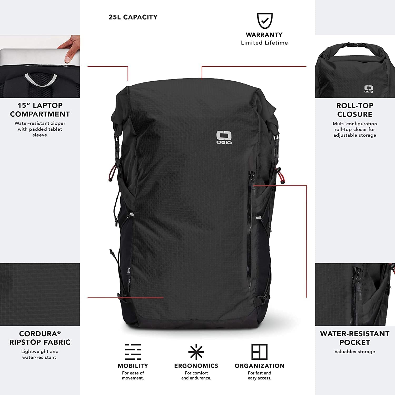 OGIO Fuse 25L Roll Top Lightweight Backpack - Waterproof Travel & Hiking Daypack for Men & Women - Perfect for Commuting, Gym & Outdoor Adventures