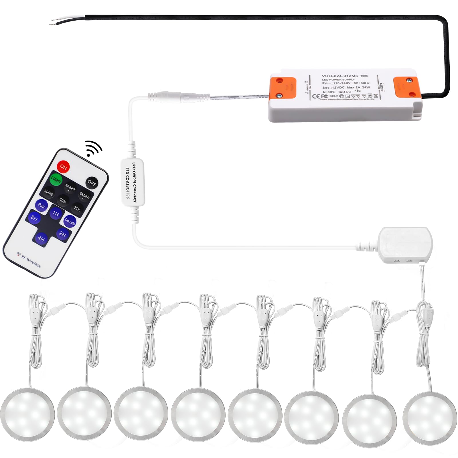 AIBOO Linkable Under Cabinet LED Lighting Kit - 12V Dimmable Puck Lights with Wireless RF Remote - Hardwired Installation - Daylight White (8 Lights) - Perfect for Kitchen Countertop, Bar, Bookshelf & Display Case Lighting
