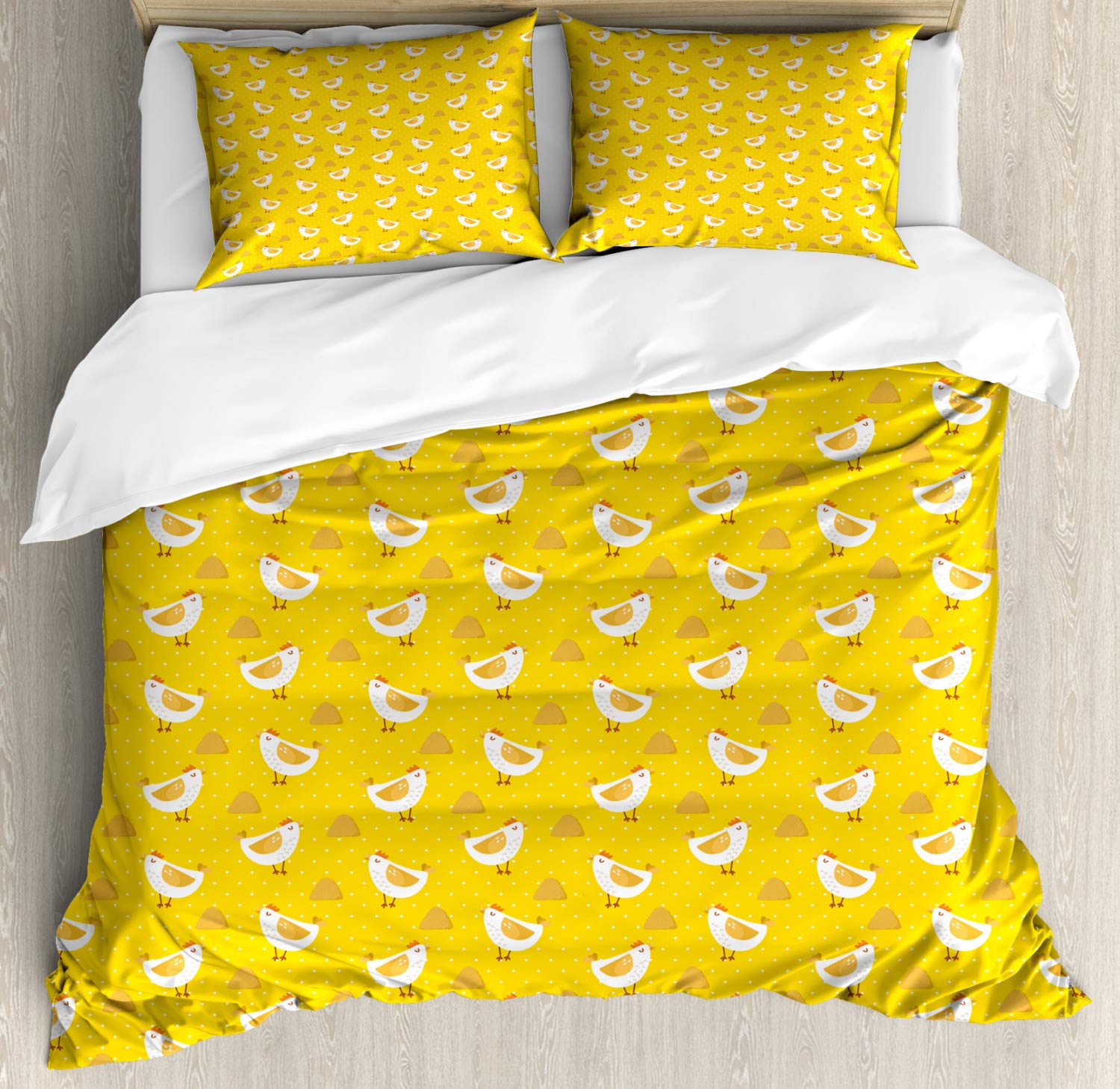 Ambesonne Polka Dot Duvet Cover Set - Cartoon Chicken & Haystack Design on Yellow Background, 3-Piece Queen Size Bedding Set with 2 Pillow Shams, Earth Yellow | Fun Farmhouse Decor for Kids' Room, Nursery, or Country Style Bedroom