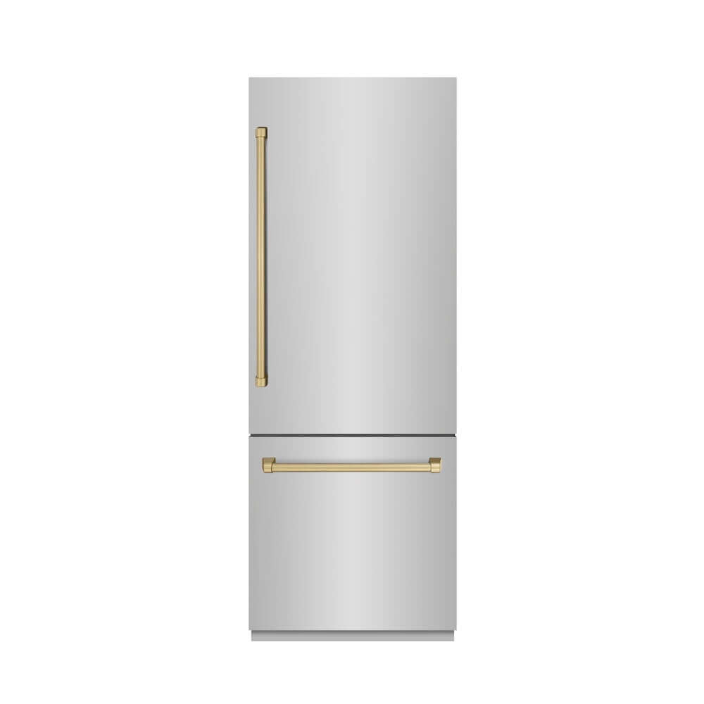 ZLINE Autograph Edition 30-Inch Built-In Bottom Freezer Refrigerator - 16.1 cu.ft Capacity, Stainless Steel with Graphite Gray Interior & Champagne Bronze Accents, Water Dispenser & Ice Maker (GRBIVZ 304 30CB) - Perfect for Modern Kitchens, Open-Concept Homes & Luxury Appliances Collection