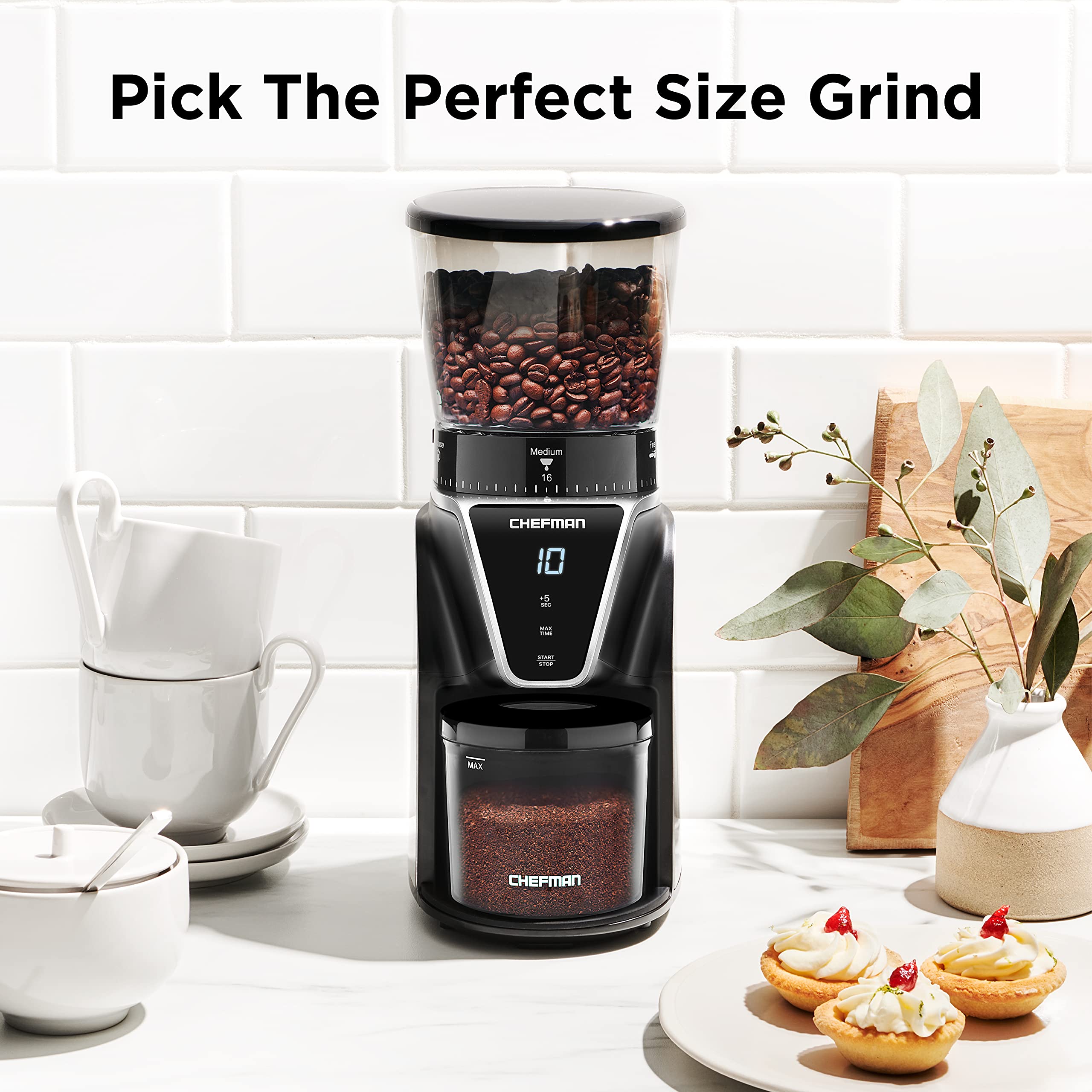 Chefman Conical Burr Coffee Grinder - 31 Adjustable Settings from Coarse to Extra Fine, One-Touch Digital Control, 9.7oz Bean Capacity - Perfect for Espresso, French Press & Pour Over Coffee - Black