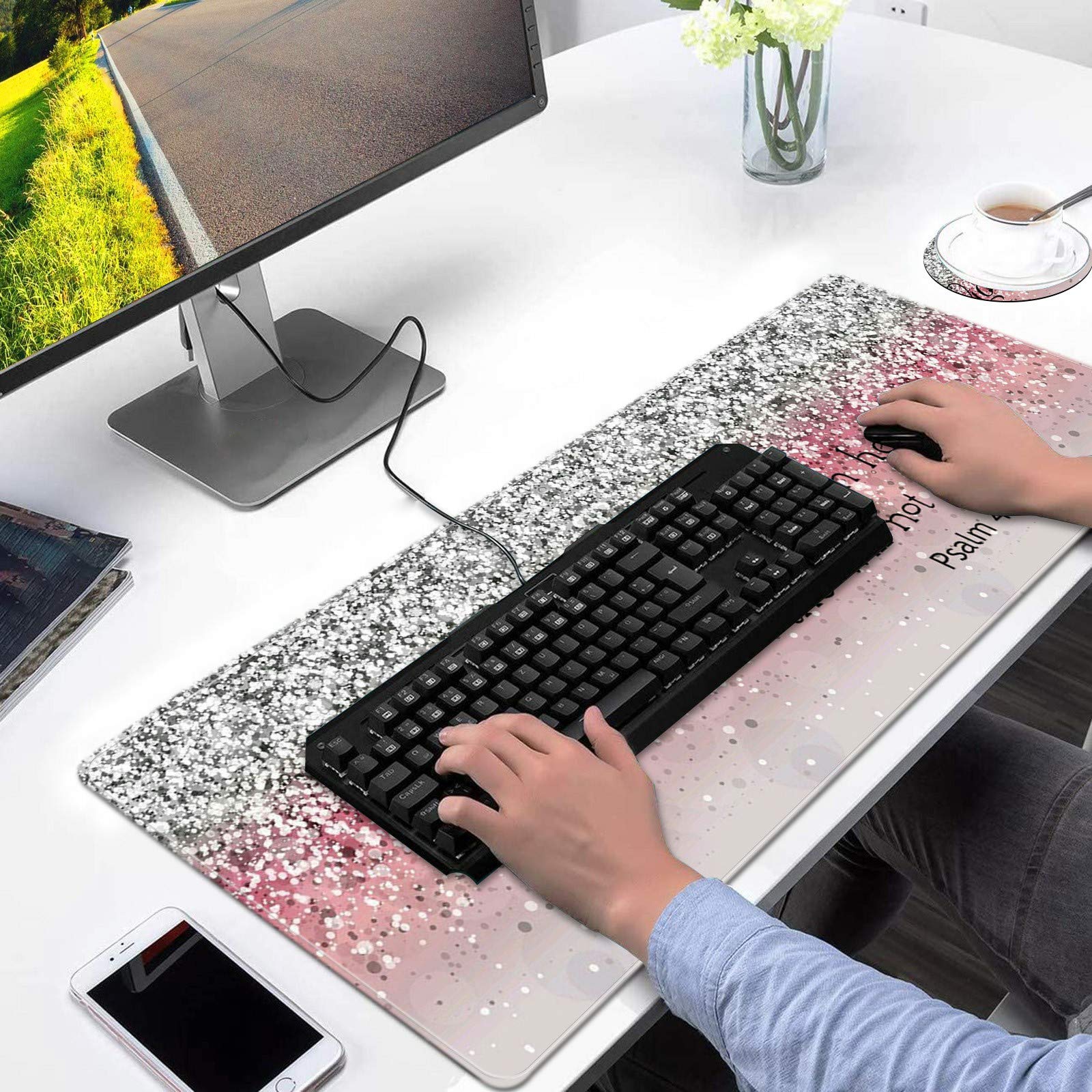 XXL Gaming Mouse Pad 31.5x11.8 Inch - Extra Large Full Desk Mouse Mat with Stitched Edges | Non-Slip Base | Cute Pink Flash Bible Design | Perfect for Gaming, Office & Home Computer Setup