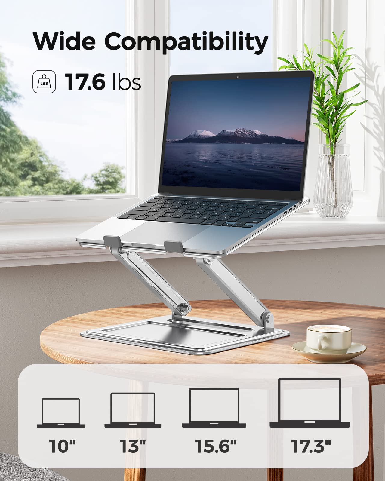 LORYERGO Adjustable & Foldable Laptop Stand for 10-17.3 inch Laptops, Portable Ergonomic Computer Notebook Riser with 17.6lbs Capacity - Silver | Perfect for Home Office, Gaming, and Workspace Setup