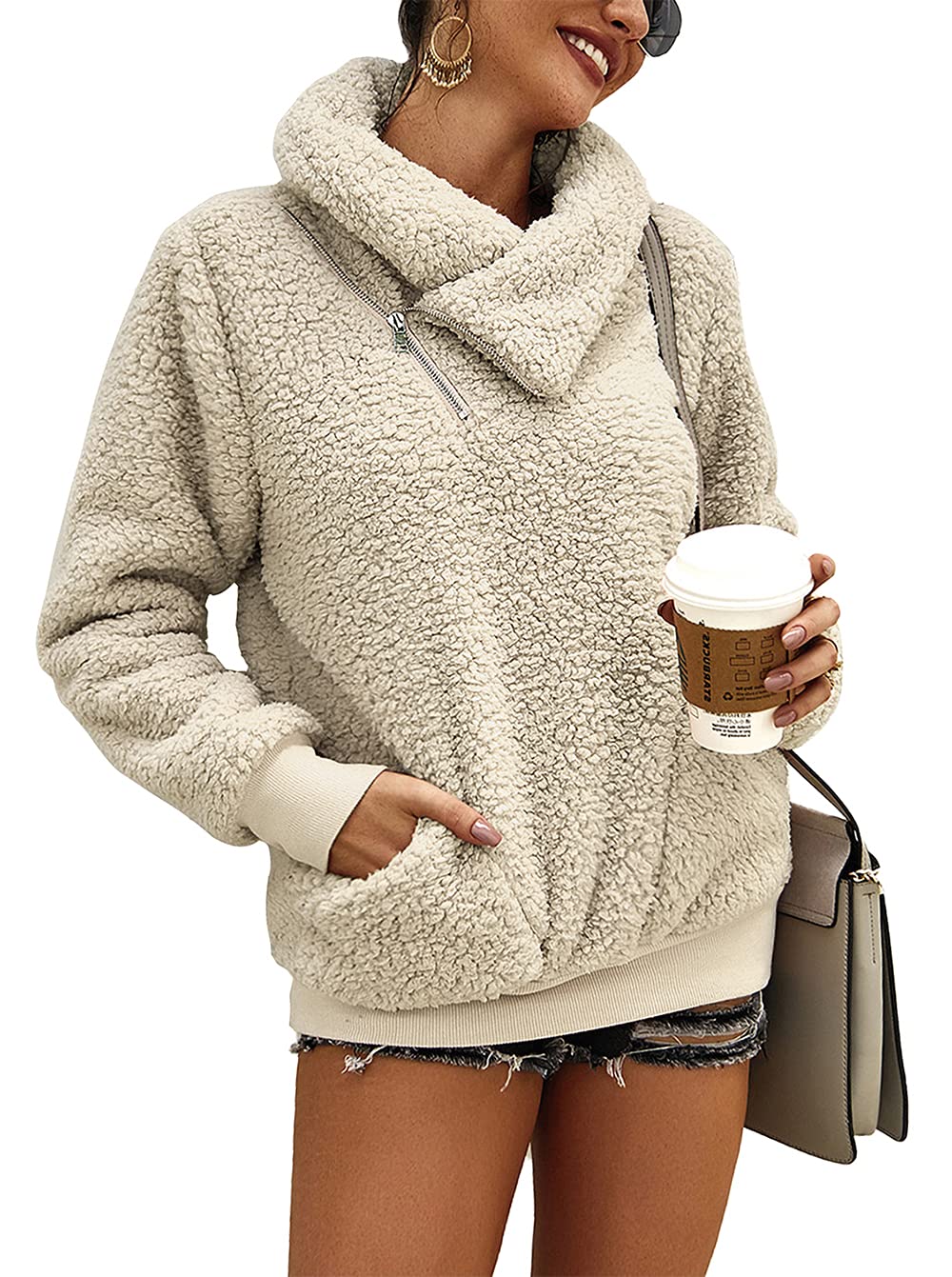 KIRUNDO Women's 2025 Winter Fleece Sherpa Pullover with Faux Shearling Lapel & Zipper - Cozy Warm Sweatshirt with Pockets for Outdoor Activities, Casual Wear & Cold Weather Fashion