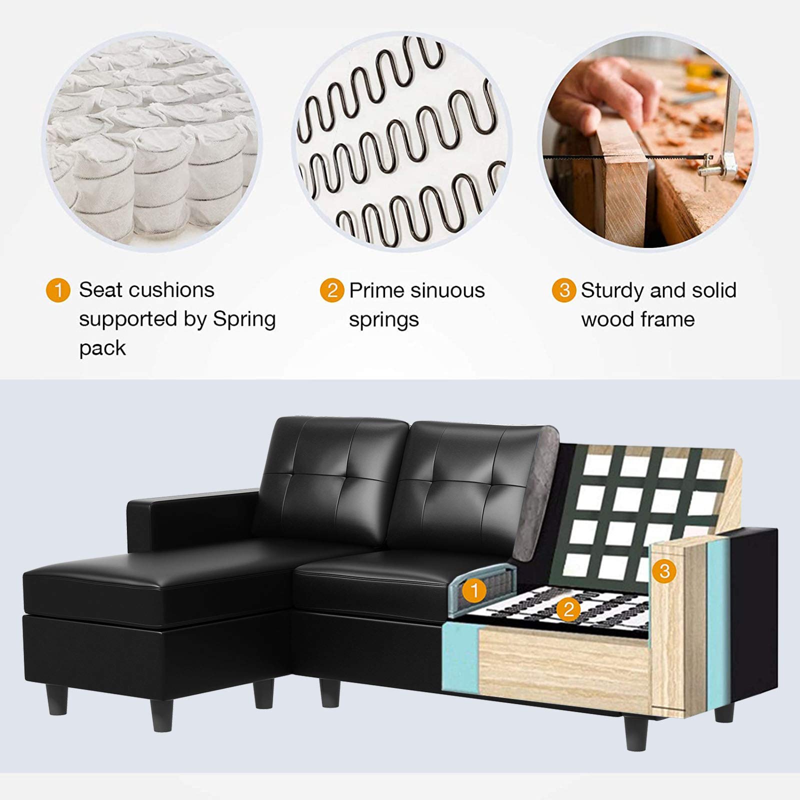 HONBAY Convertible L-Shaped Faux Leather Sectional Sofa for Small Spaces - Black | Modern Living Room Furniture for Apartments & Condos
