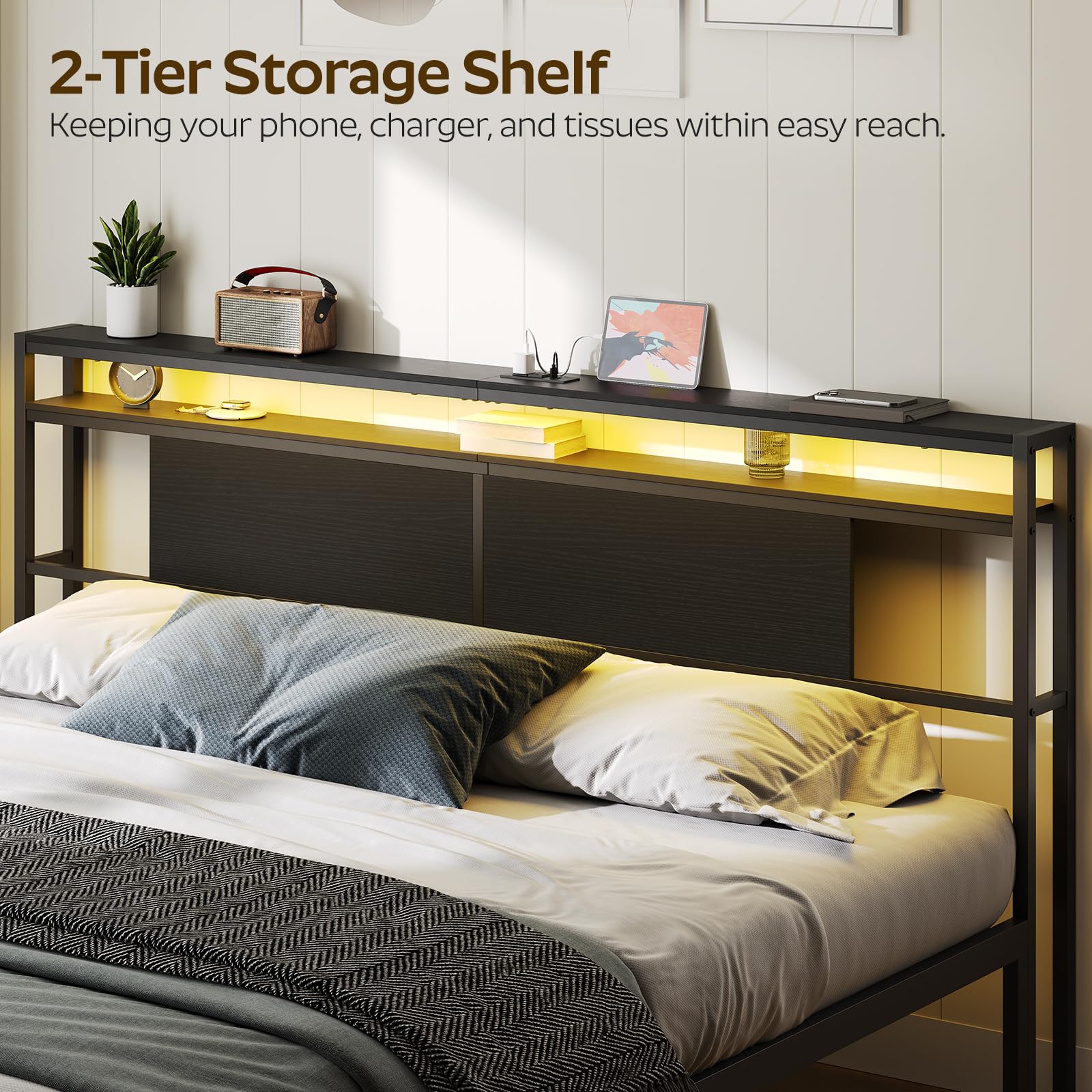 King Size Headboard with Built-in Lights & USB Outlets, 2 Storage Shelves, Adjustable Height - Sturdy & Easy Assembly Bed Frame for Master Bedroom - Perfect for Reading & Charging Devices in Bed