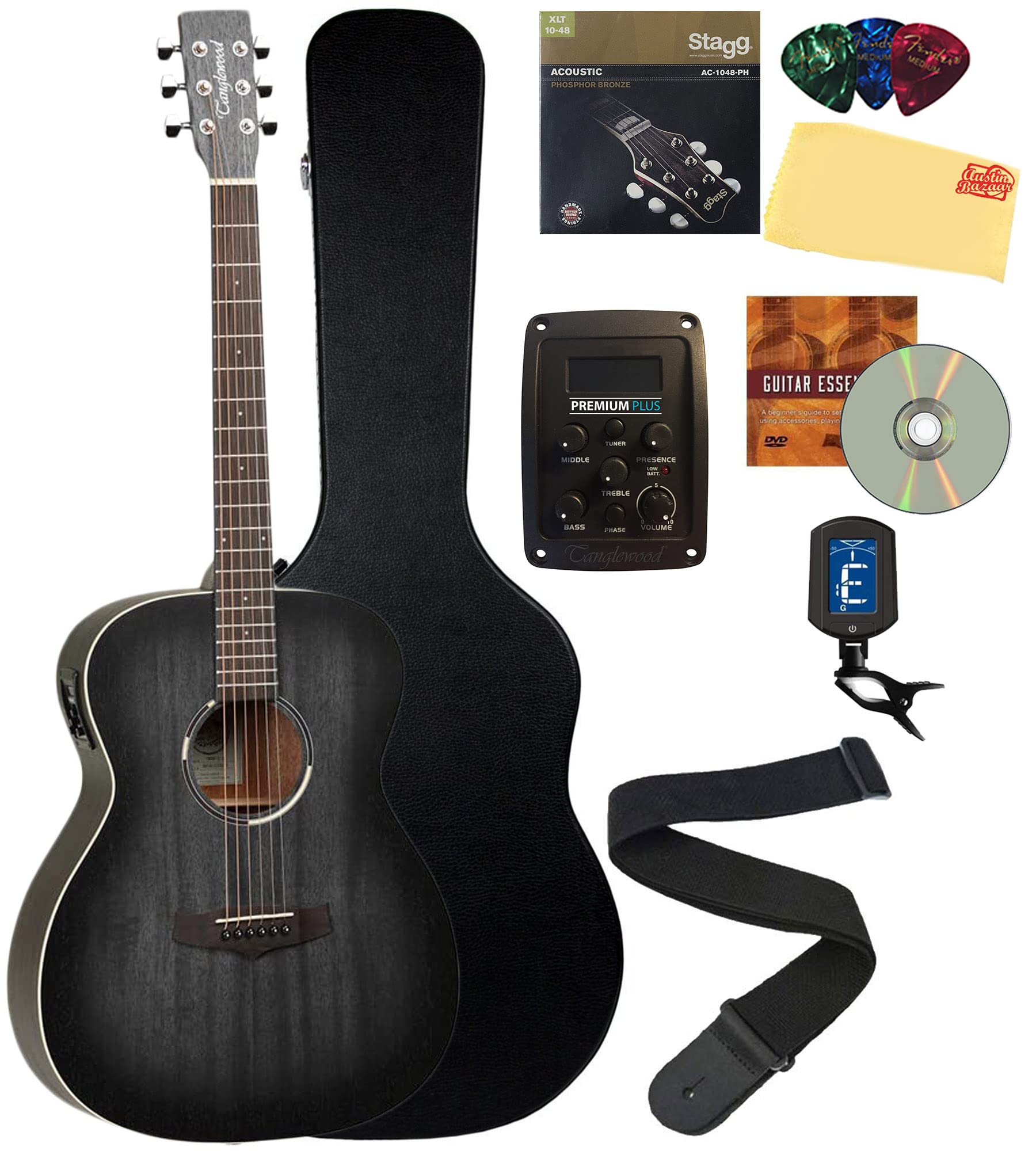 Tanglewood Blackbird Folk Acoustic-Electric Guitar Bundle with Hard Case, Tuner, Strap, Strings, Picks & Accessories - Perfect for Beginners, Live Performances & Home Practice