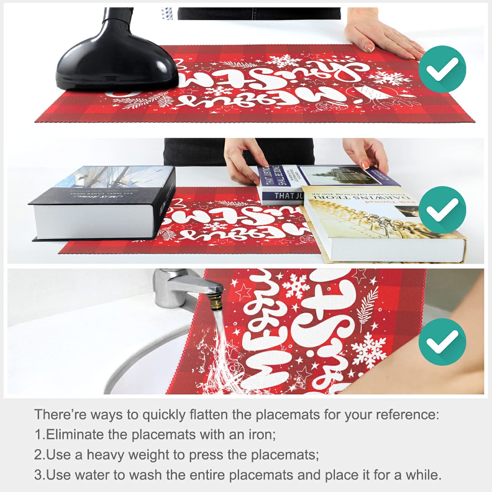 Merry Christmas Placemats Set of 4 - Holiday Plaid Non-Slip Heat-Resistant Washable Table Mats for Kitchen & Dining - 12