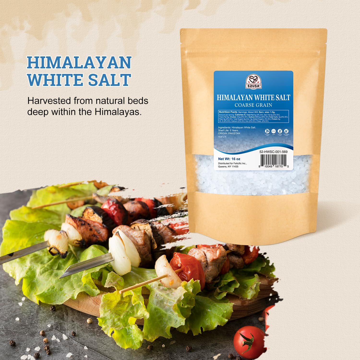 52USA Himalayan Pink Salt Coarse Grain - 16 oz (1 Pound) Bulk Bag for Salt Grinder Refill | All Natural, Non-GMO, Kosher Certified Sea Salt | Perfect for Cooking, Seasoning & Gourmet Dishes