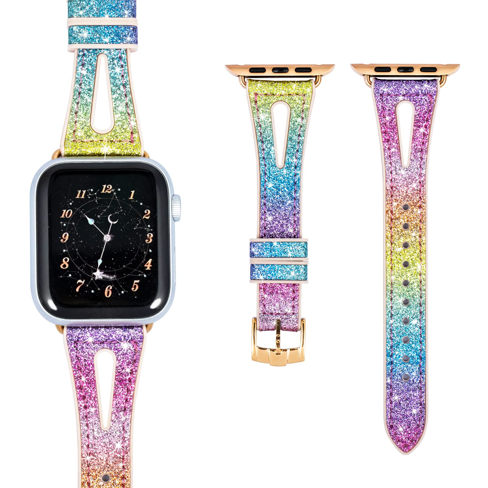 Sparkly Glitter Apple Watch Band - Slim Silicone Strap Compatible with iWatch Series 8/7/6/5/4/3/2/1 SE & SE2 (38mm/40mm/41mm/42mm/44mm/45mm) - Fashionable Accessory for Women & Girls - Perfect for Workouts, Parties & Daily Wear