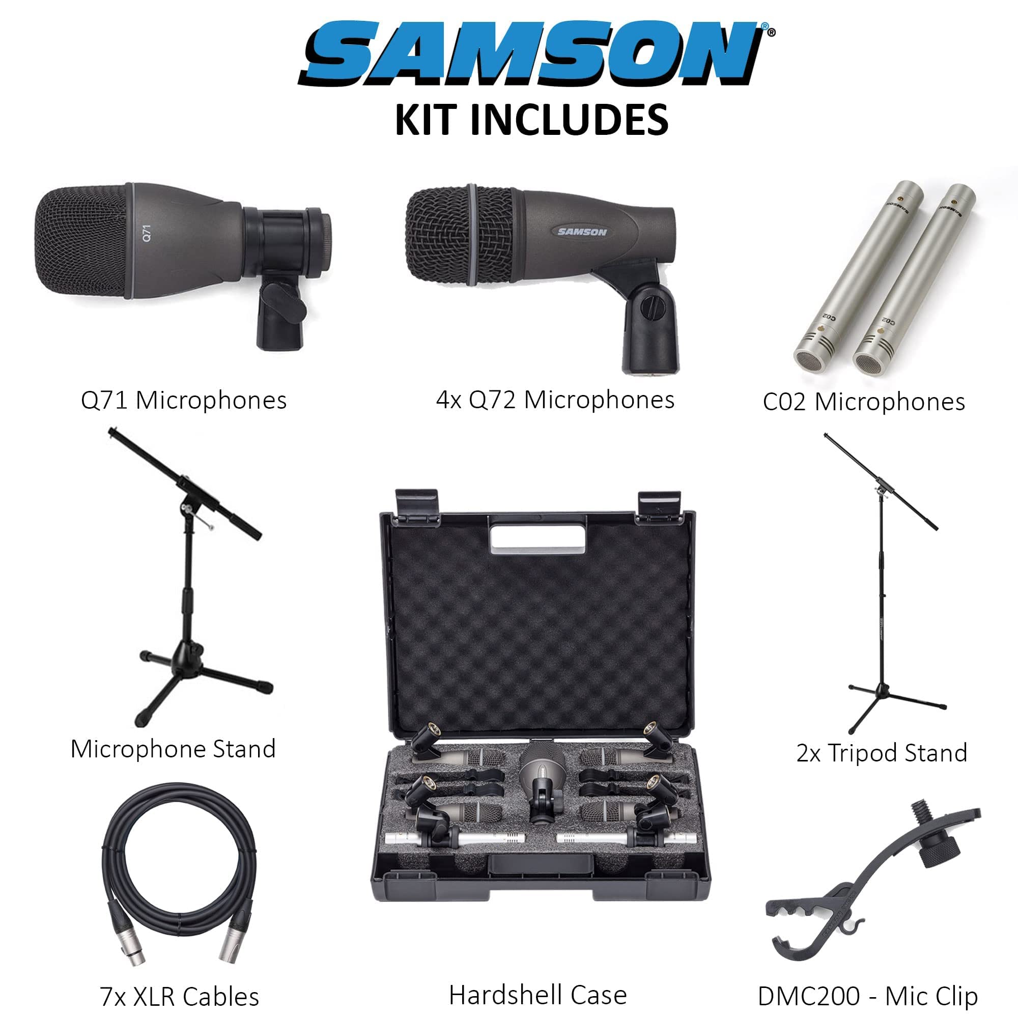 Samson DK707 7-Piece Professional Drum Microphone Kit with 2 Adjustable Boom Stands - Includes Telescoping Boom, Low-Profile Mic Stand & 7 Premium XLR Cables - Perfect for Live Performances, Studio Recording & Drum Set Miking