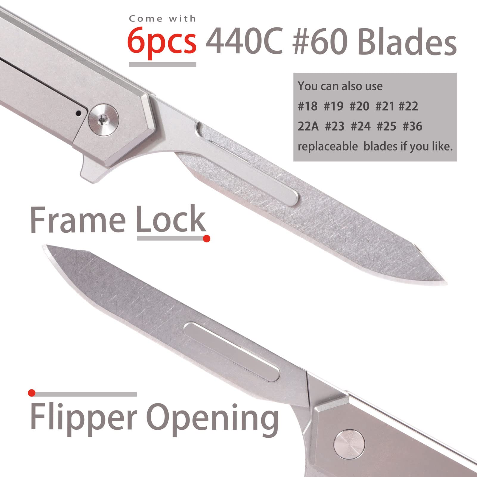 T37 Titanium Folding Pocket Scalpel Knife - 6pcs 440C #60 Blades, Compact Slim EDC Utility Knife with Pocket Clip for Camping, Hiking & Everyday Carry (EDC)